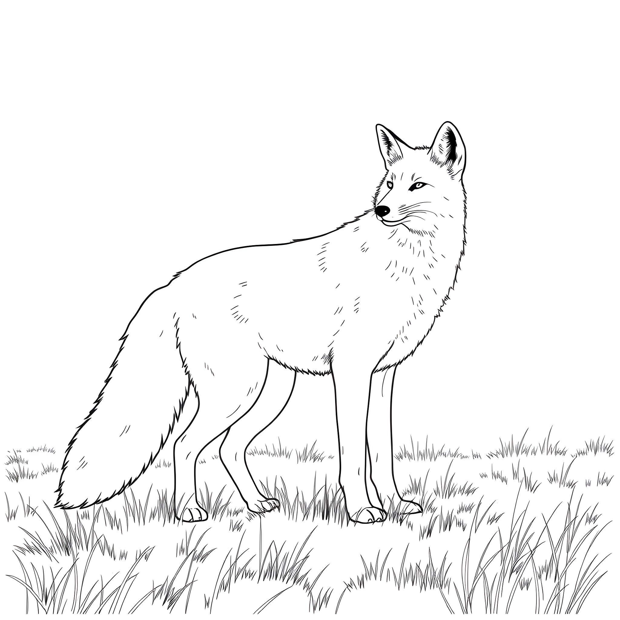Fox standing alert in grassy field Coloring Page (free black-and-white line drawing printable PDF for all, from beginners to advanced learners, including children, teens, adults, and seniors)