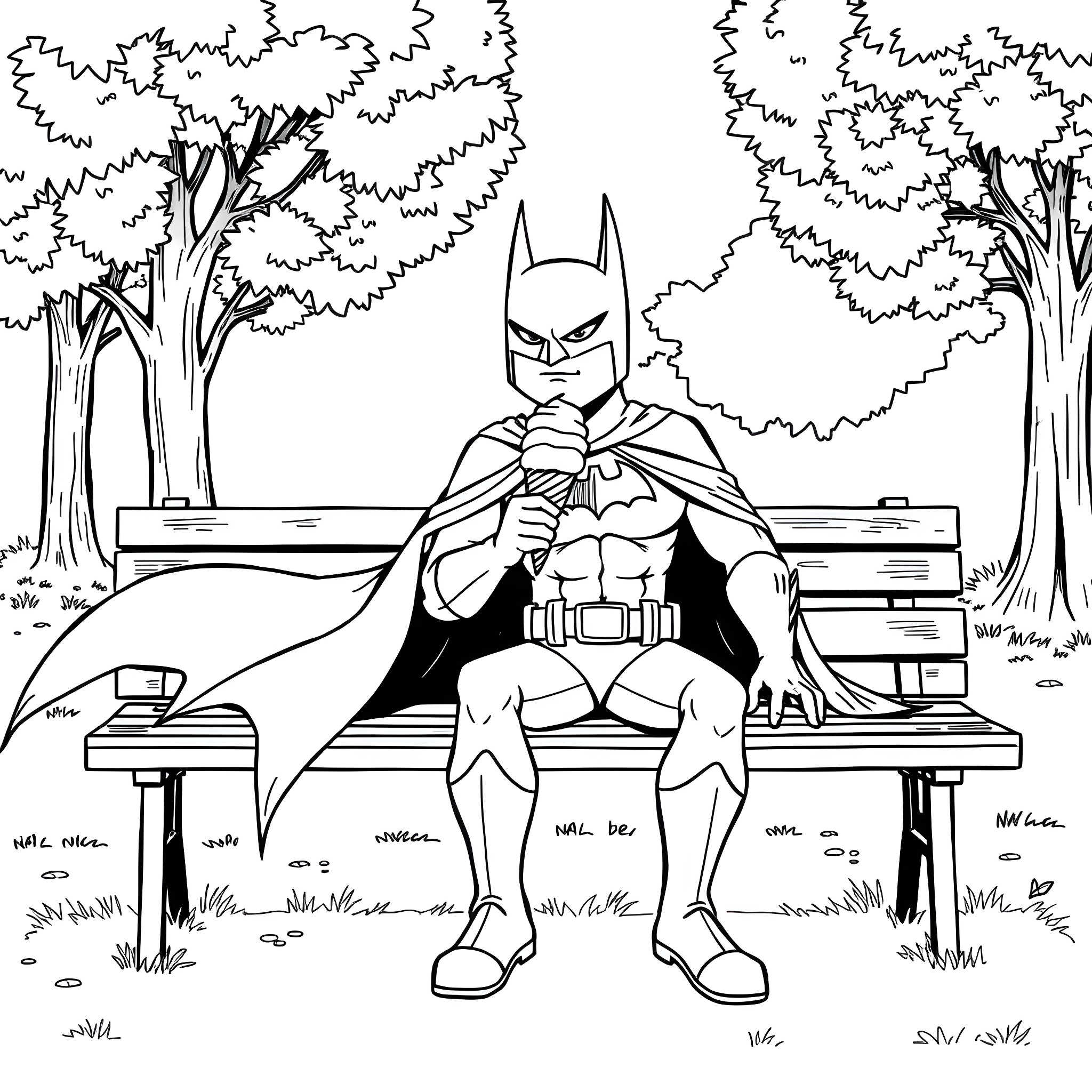 Batman relaxing on a park bench Coloring Page (free black-and-white line drawing printable PDF for all, from beginners to advanced learners, including children, teens, adults, and seniors)