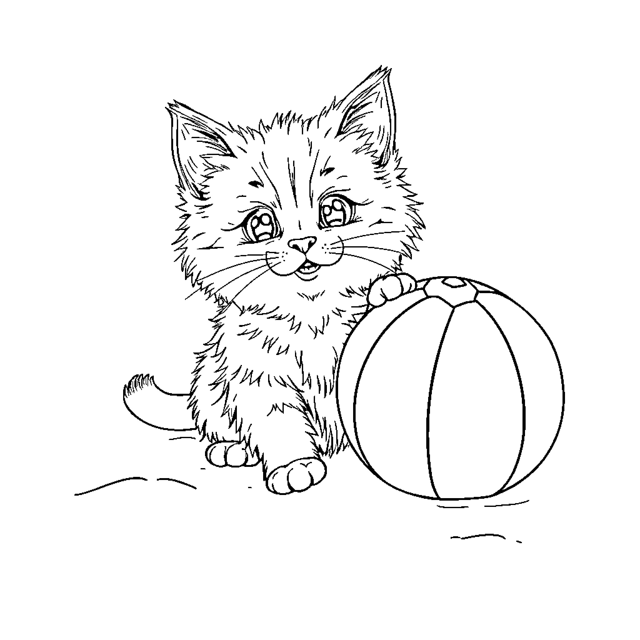 Cat playing with ball in black and white sketch Coloring Page (free black-and-white line drawing printable PDF for all, from beginners to advanced learners, including children, teens, adults, and seniors)