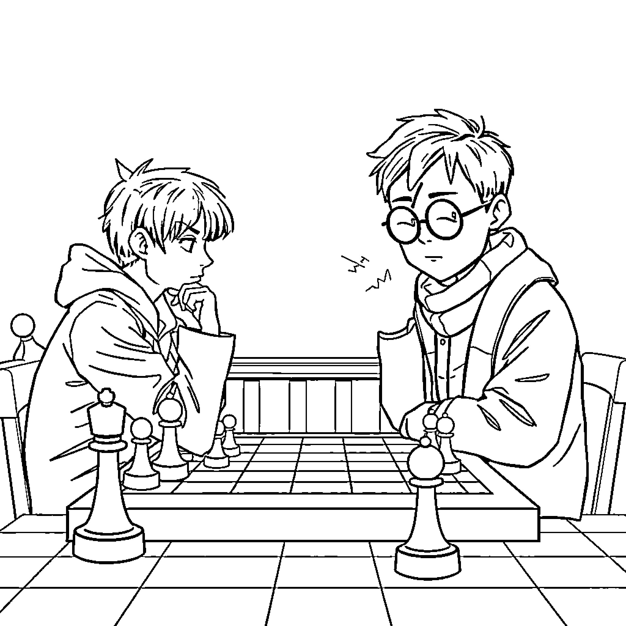 Rumi playing chess with a friend Coloring Page (free black-and-white line drawing printable PDF for all, from beginners to advanced learners, including children, teens, adults, and seniors)