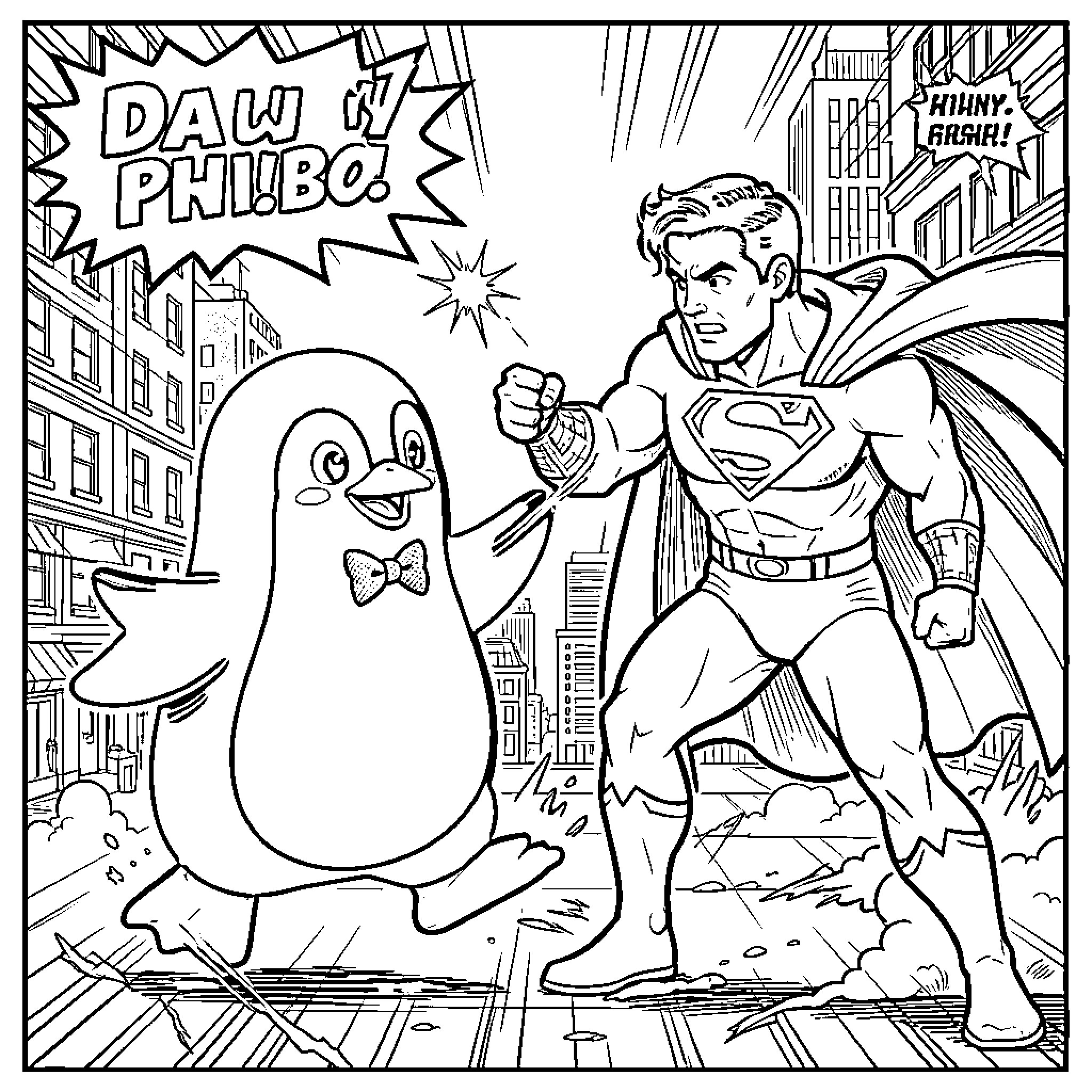Tux the Penguin Confronts Superbehemoth Coloring Page (free black-and-white line drawing printable PDF for all, from beginners to advanced learners, including children, teens, adults, and seniors)