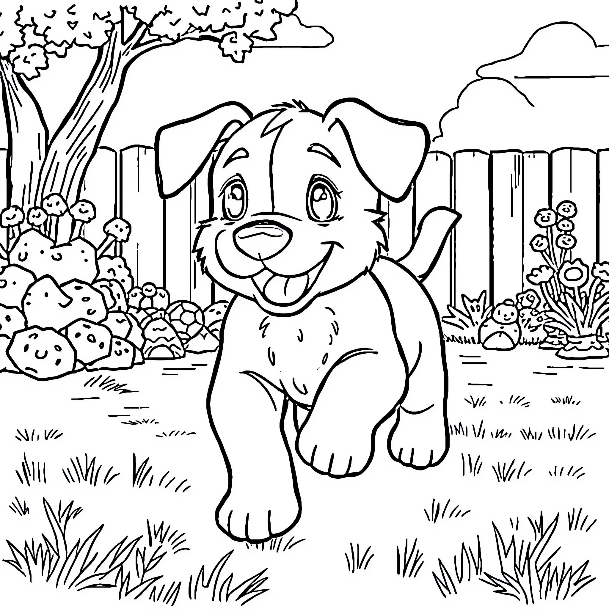 Bluey the Playful Puppy in the Garden Coloring Page (free black-and-white line drawing printable PDF for all, from beginners to advanced learners, including children, teens, adults, and seniors)