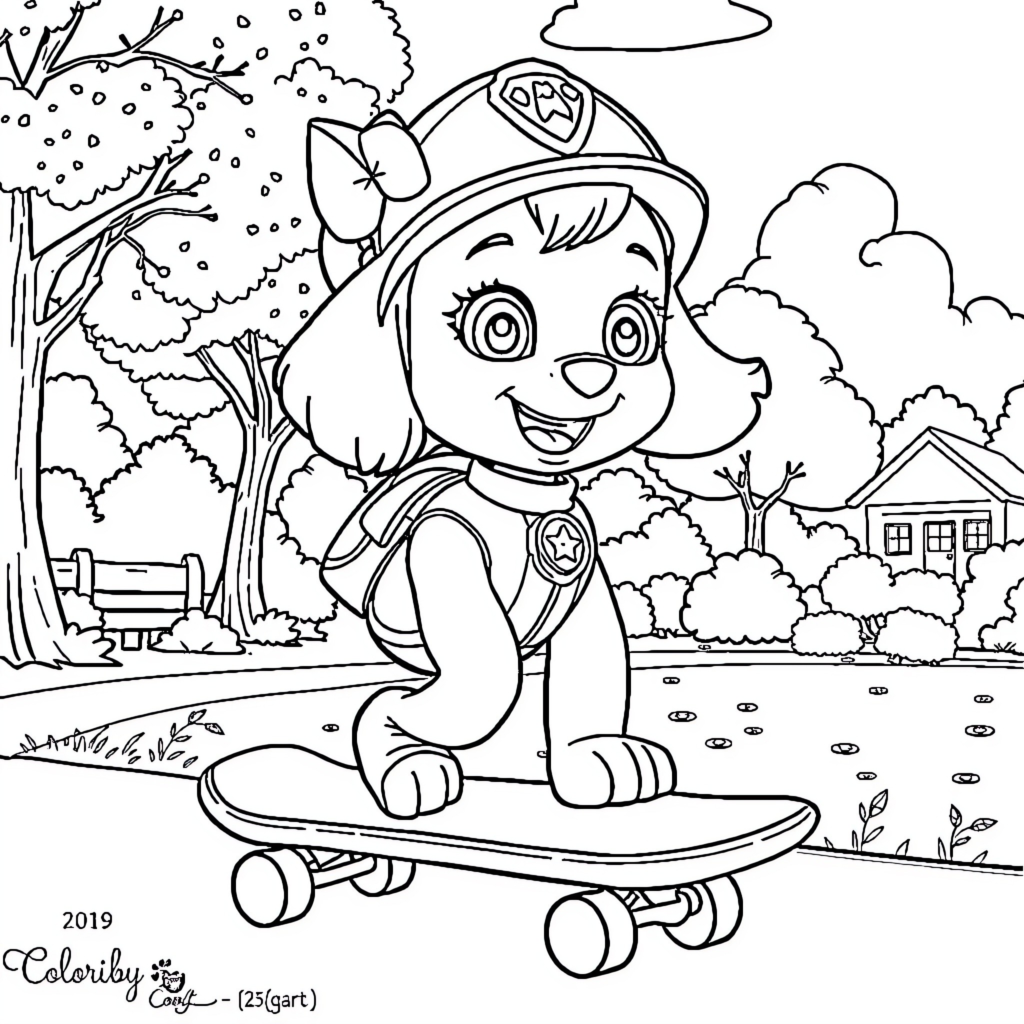Stella's Skateboarding Adventure in the Park Coloring Page (free black-and-white line drawing printable PDF for all, from beginners to advanced learners, including children, teens, adults, and seniors)