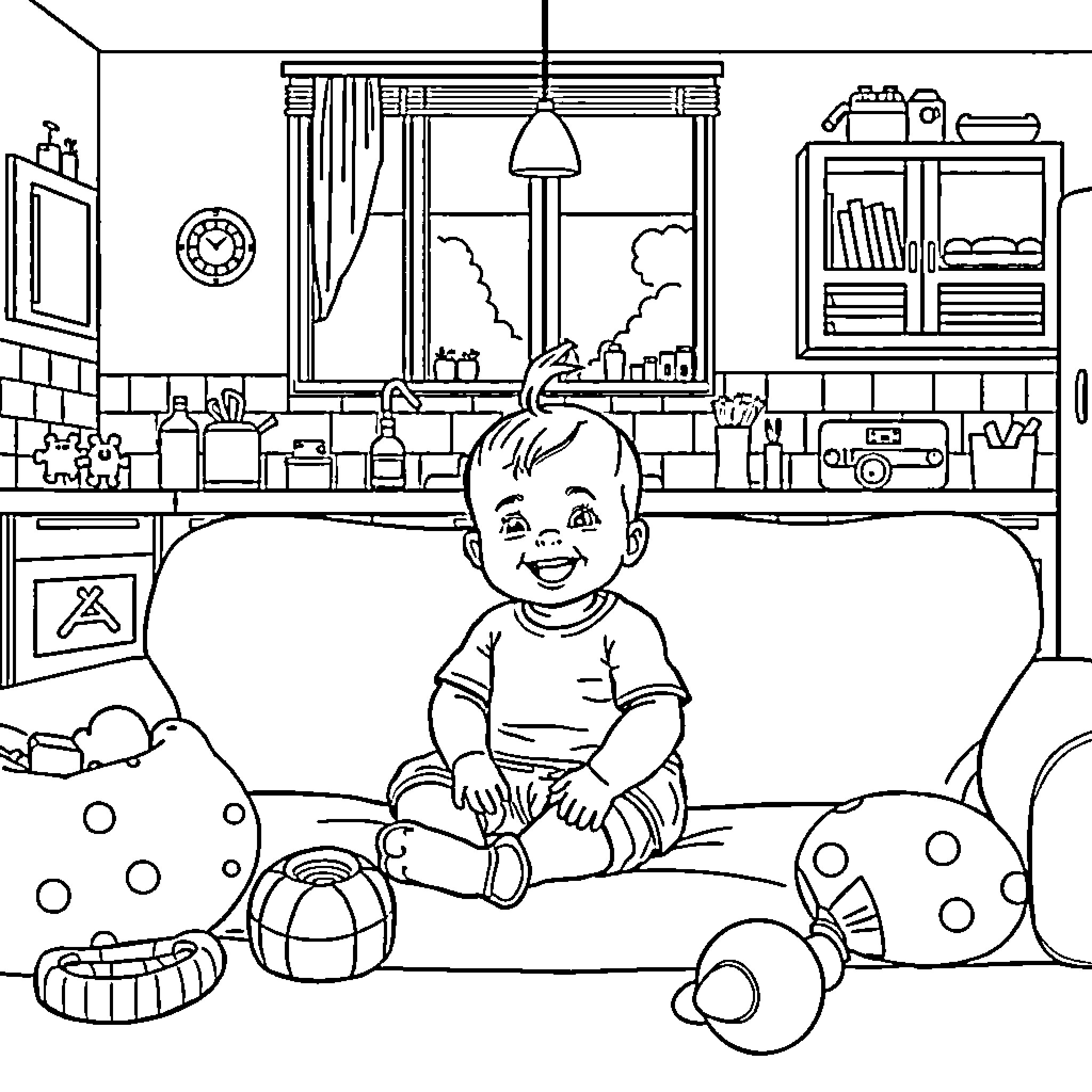 Baby playing with toys in the living room Coloring Page (free black-and-white line drawing printable PDF for all, from beginners to advanced learners, including children, teens, adults, and seniors)