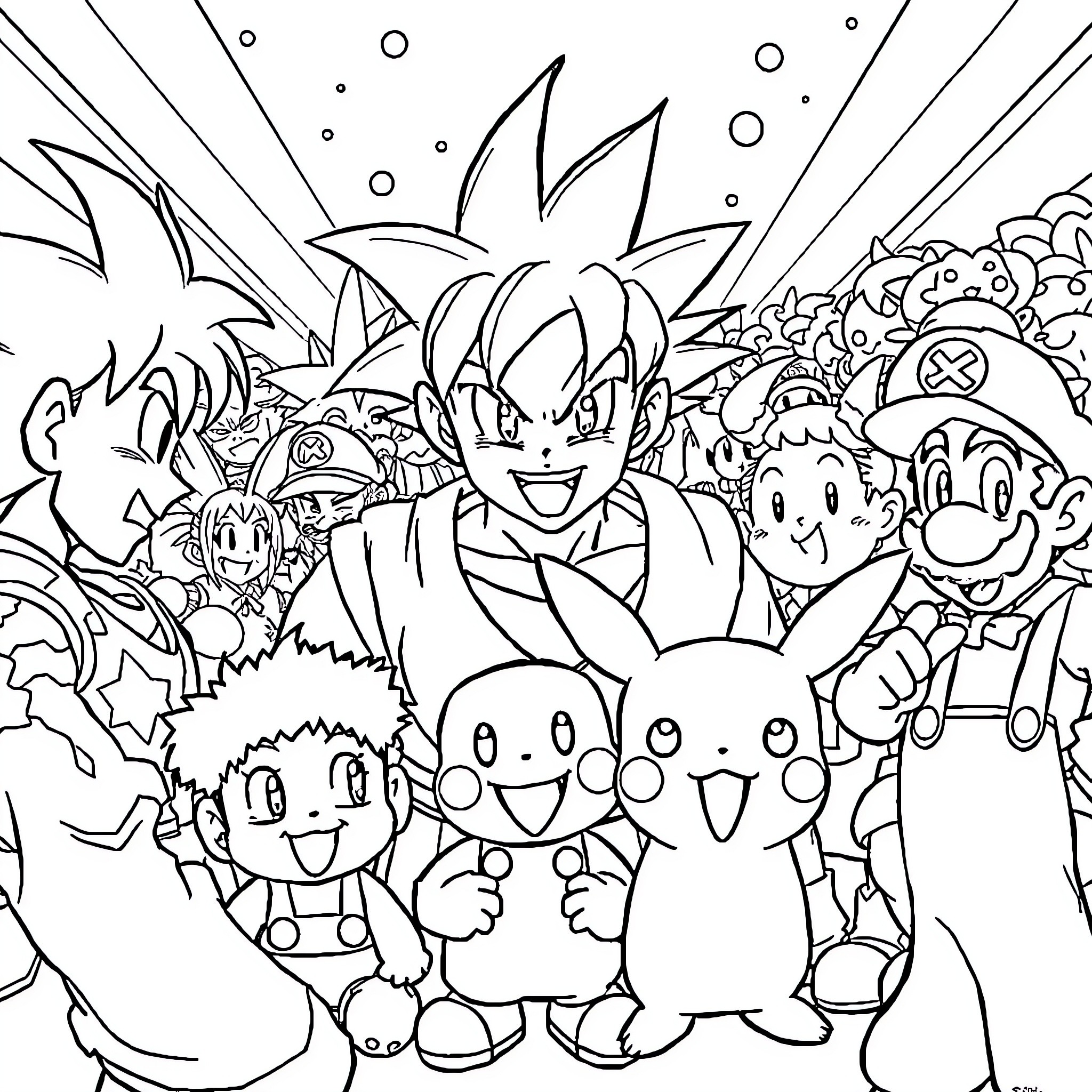 Anime and Video Game Characters in a Vibrant Scene Coloring Page (free black-and-white line drawing printable PDF for all, from beginners to advanced learners, including children, teens, adults, and seniors)
