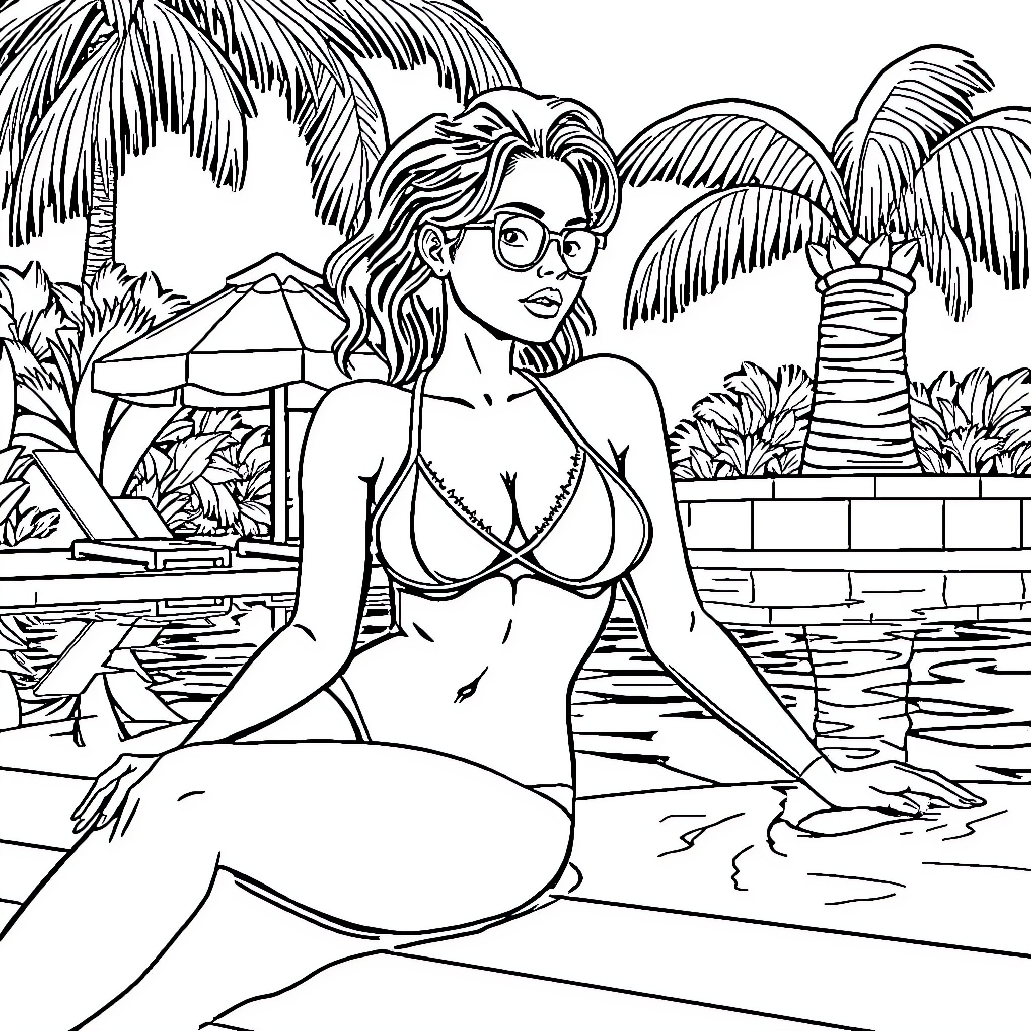 Android 18 relaxing by the pool in a tropical resort Coloring Page (free black-and-white line drawing printable PDF for all, from beginners to advanced learners, including children, teens, adults, and seniors)
