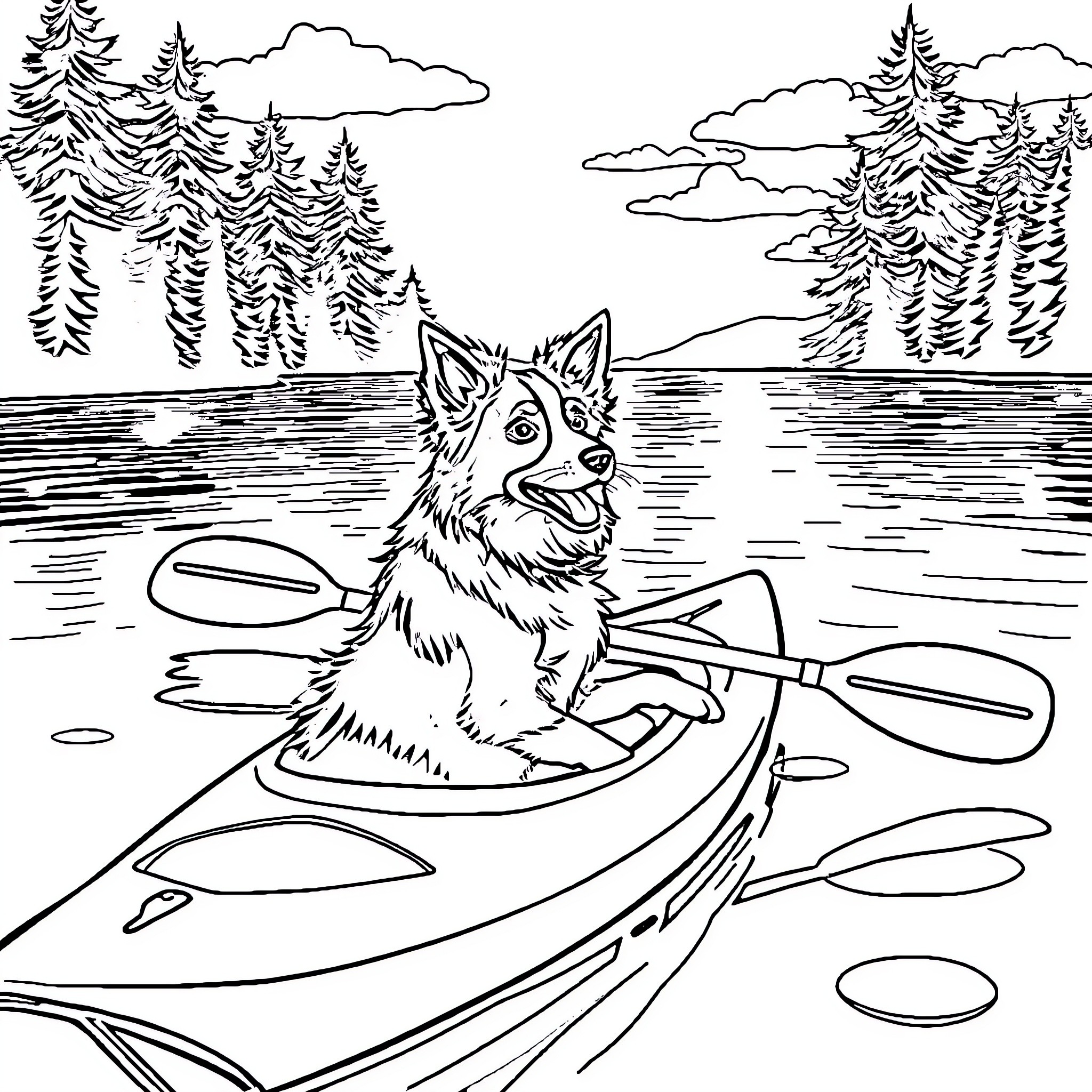 Border Collie Paddling a Kayak in Scenic Wilderness Coloring Page (free black-and-white line drawing printable PDF for all, from beginners to advanced learners, including children, teens, adults, and seniors)