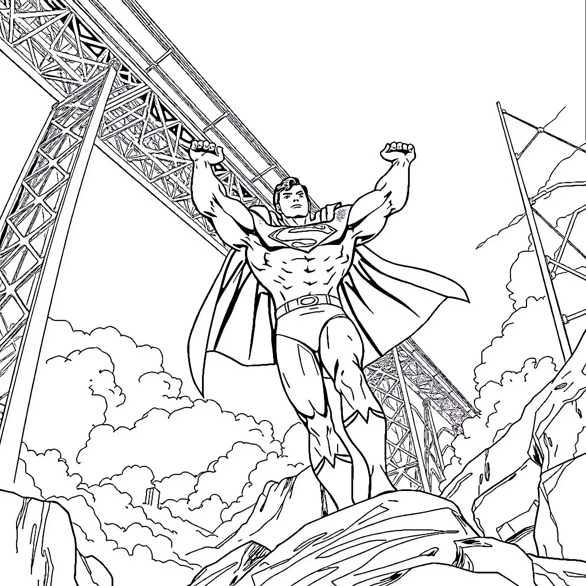 Superman heroically poses against towering structures Coloring Page (free black-and-white line drawing printable PDF for all, from beginners to advanced learners, including children, teens, adults, and seniors)