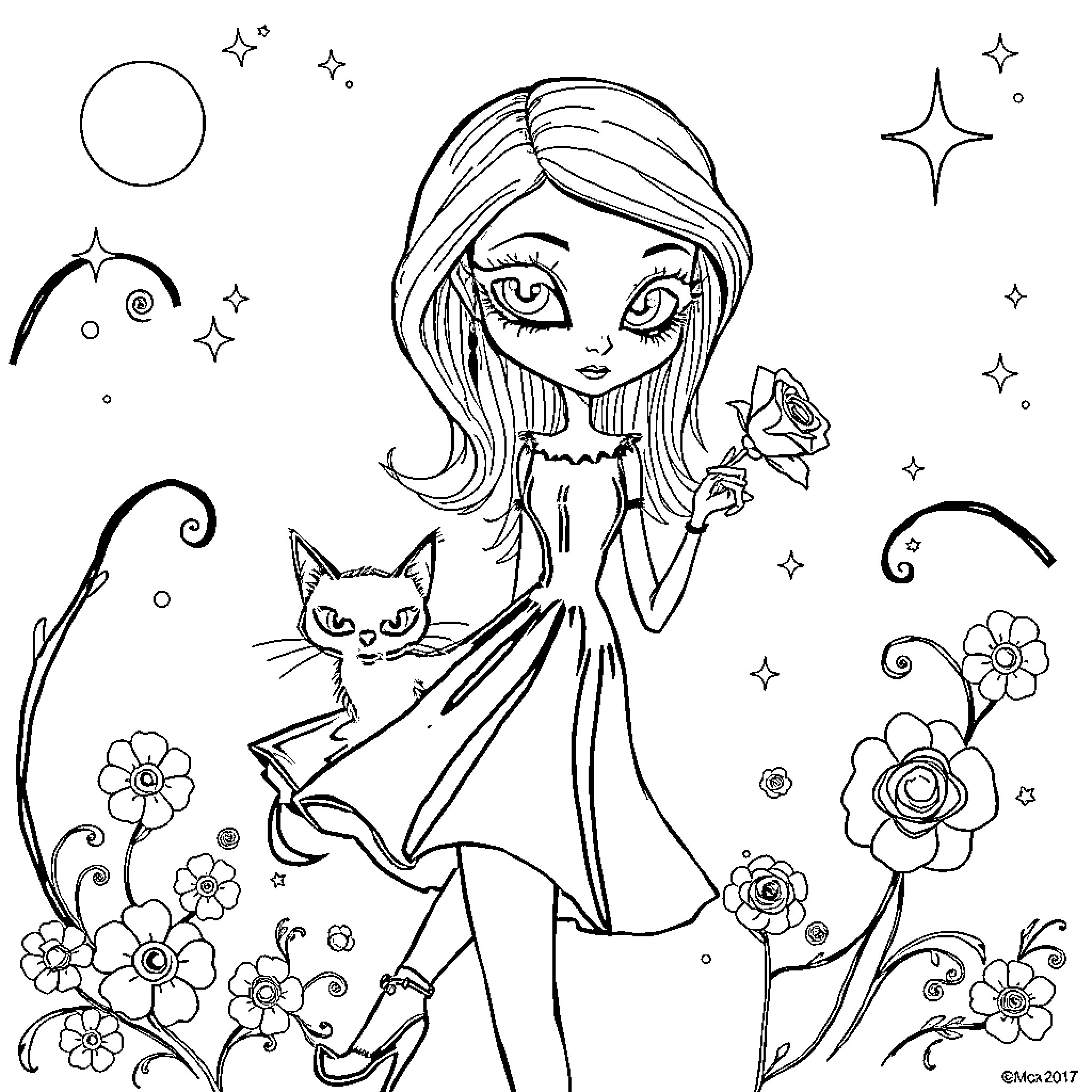 Chica and her feline friend in a whimsical garden Coloring Page (free black-and-white line drawing printable PDF for all, from beginners to advanced learners, including children, teens, adults, and seniors)