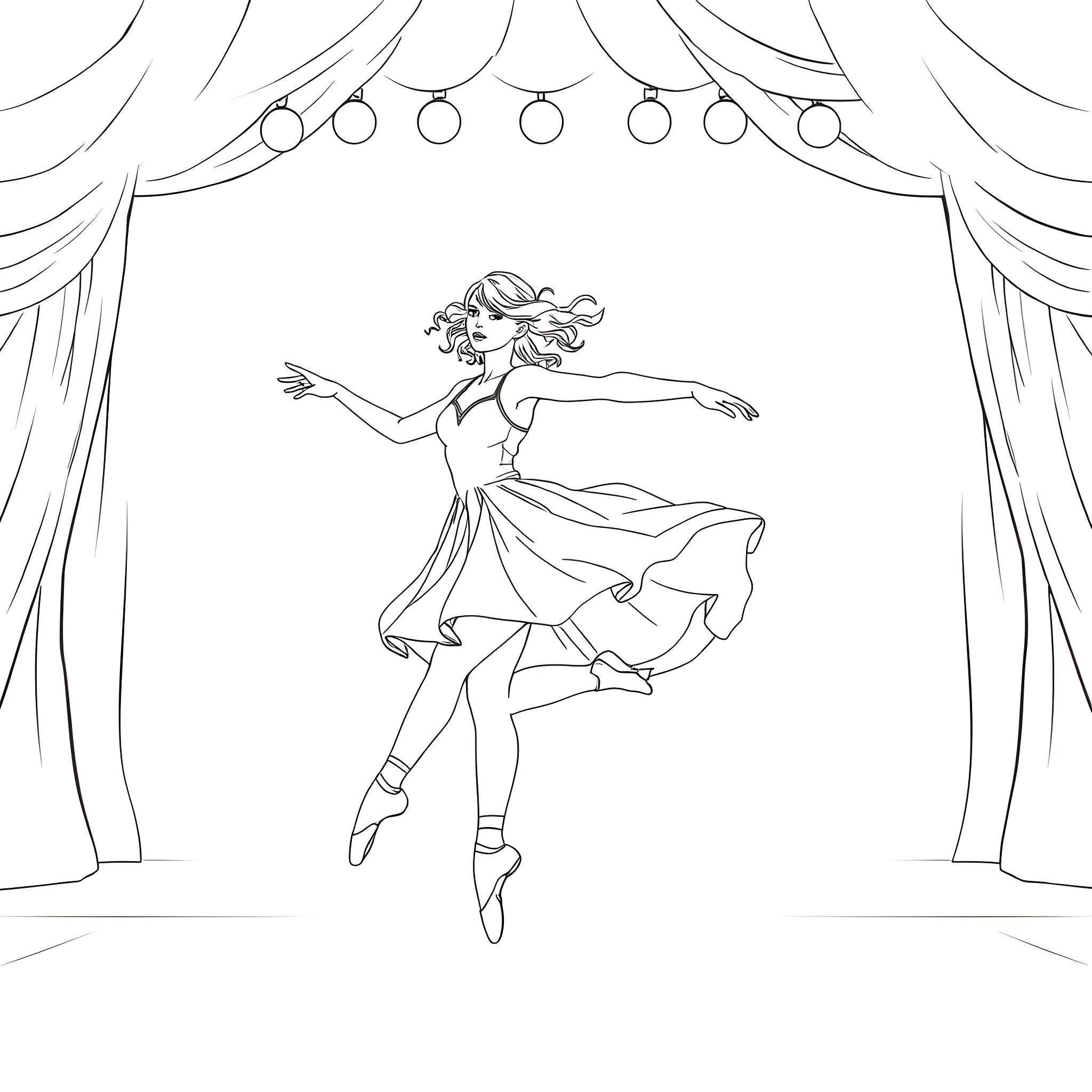 Taylor Swift dancing gracefully on stage Coloring Page (free black-and-white line drawing printable PDF for all, from beginners to advanced learners, including children, teens, adults, and seniors)