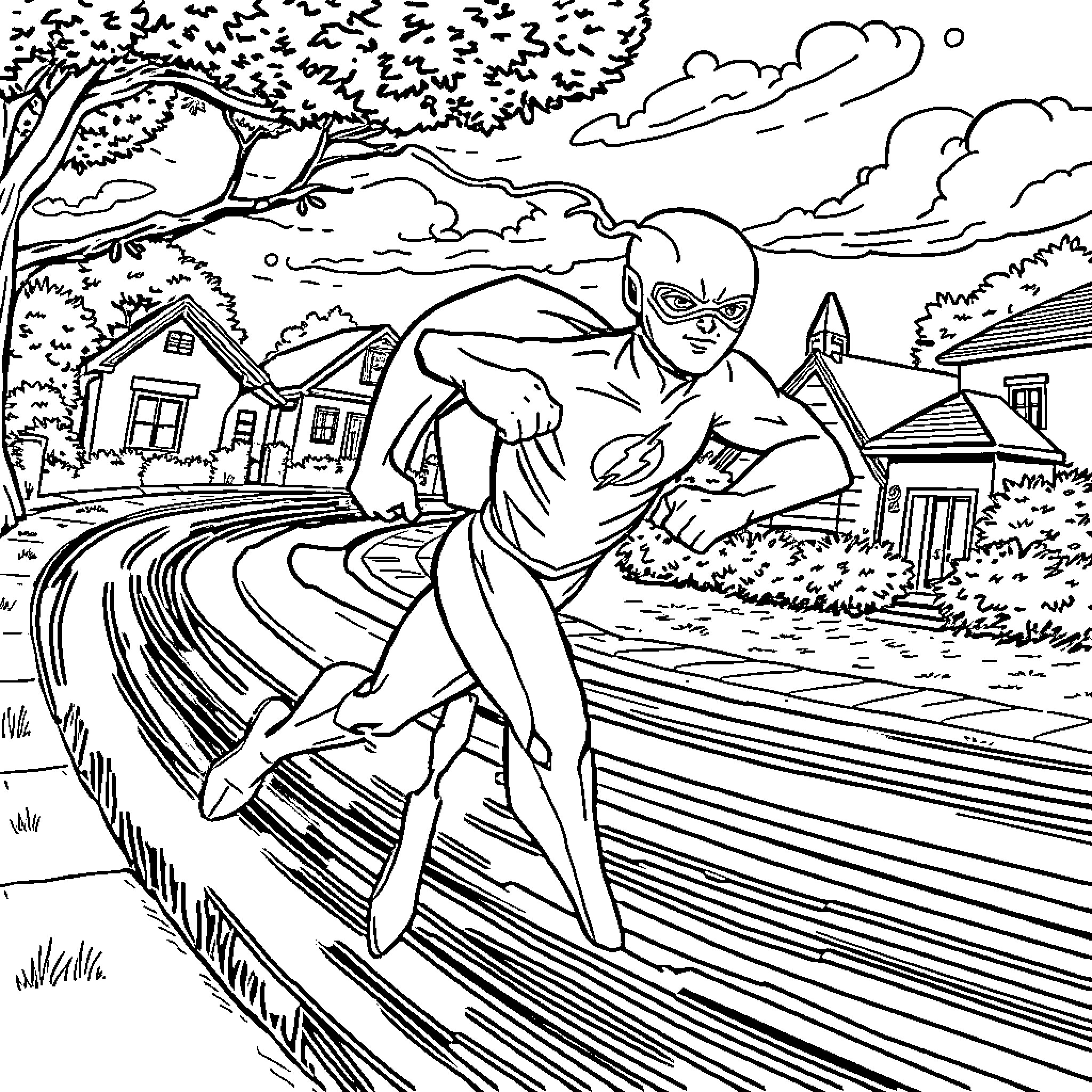 Flash speeds through the neighborhood Coloring Page (free black-and-white line drawing printable PDF for all, from beginners to advanced learners, including children, teens, adults, and seniors)