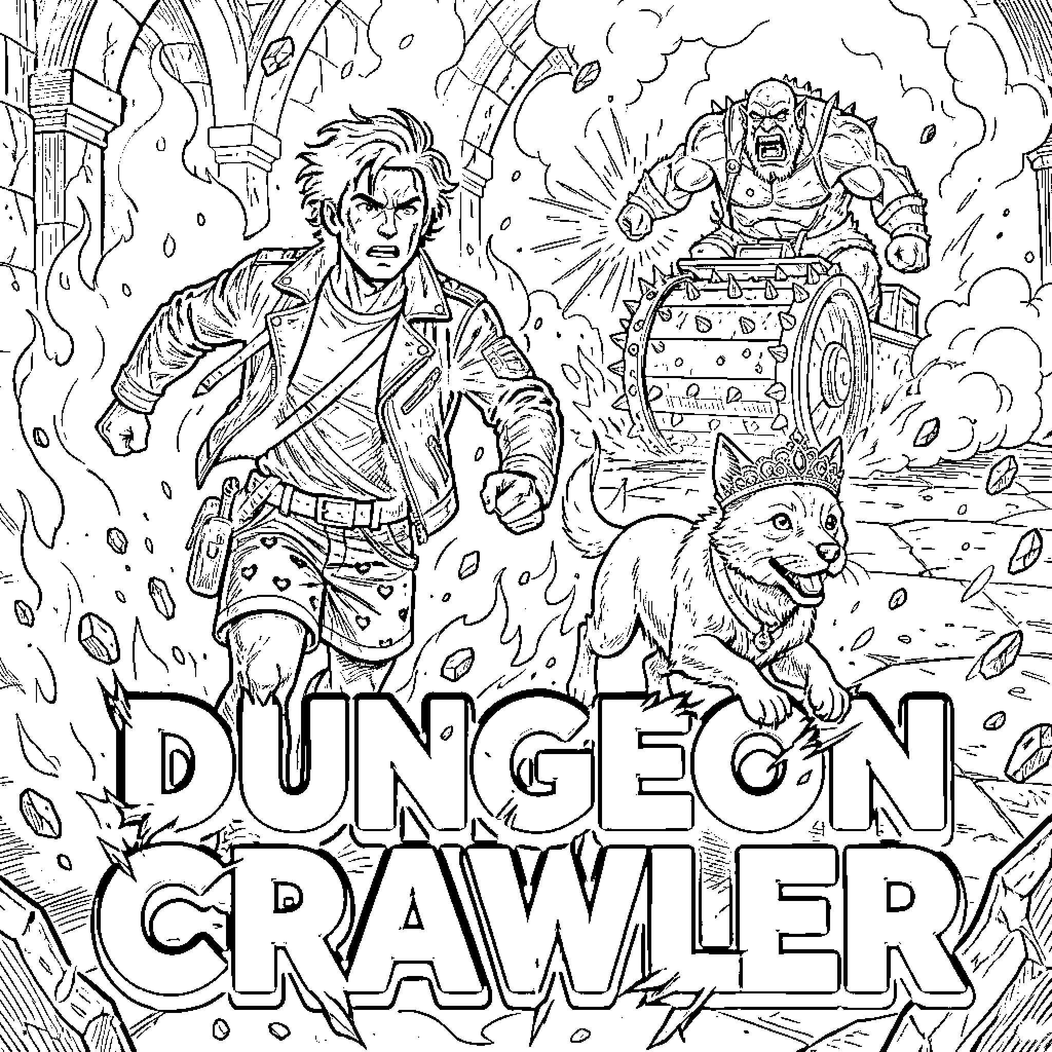 Dungeon Crawler Braving Perilous Obstacles and Threats Coloring Page (free black-and-white line drawing printable PDF for all, from beginners to advanced learners, including children, teens, adults, and seniors)
