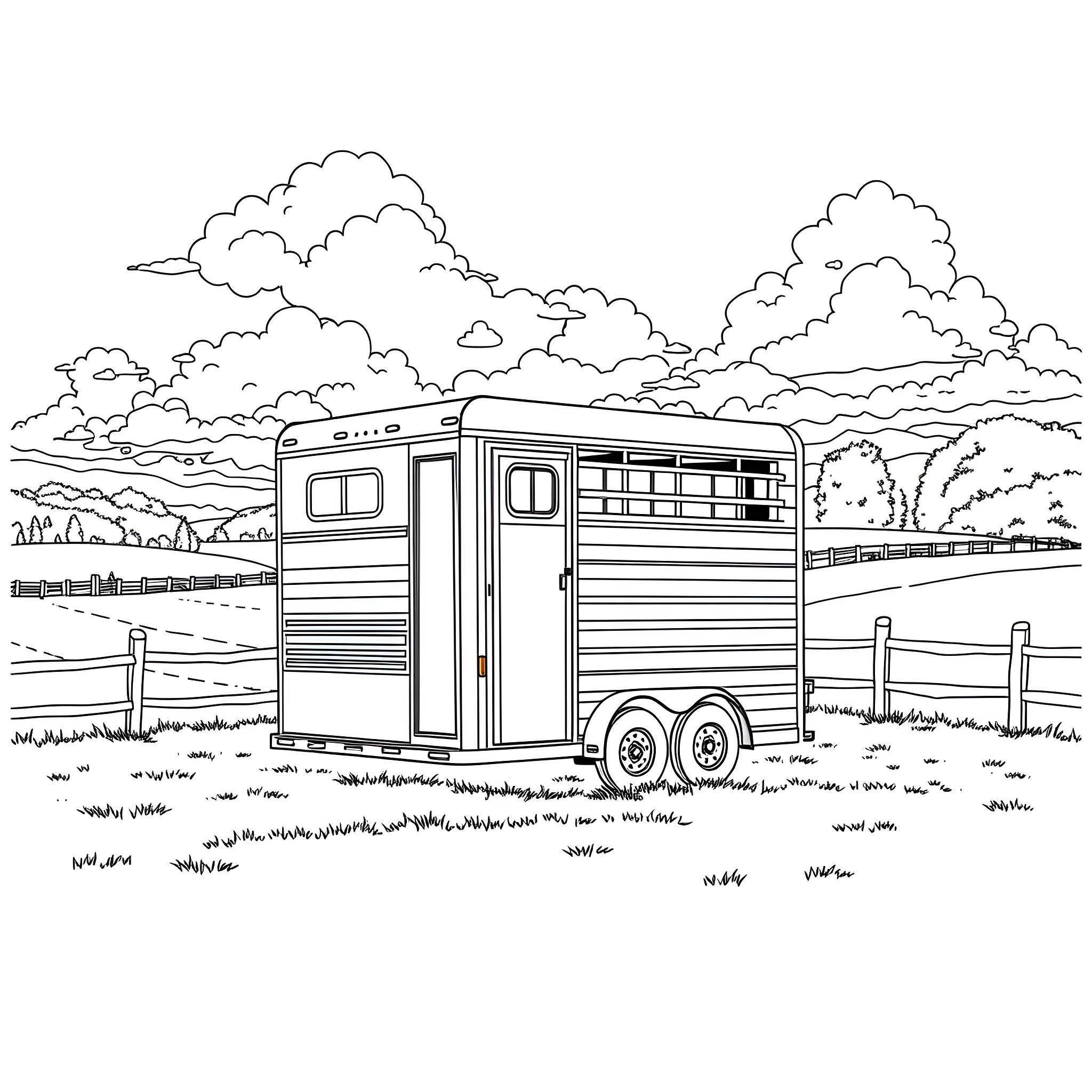 Gooseneck Trailer in a Scenic Rural Landscape Coloring Page (free black-and-white line drawing printable PDF for all, from beginners to advanced learners, including children, teens, adults, and seniors)