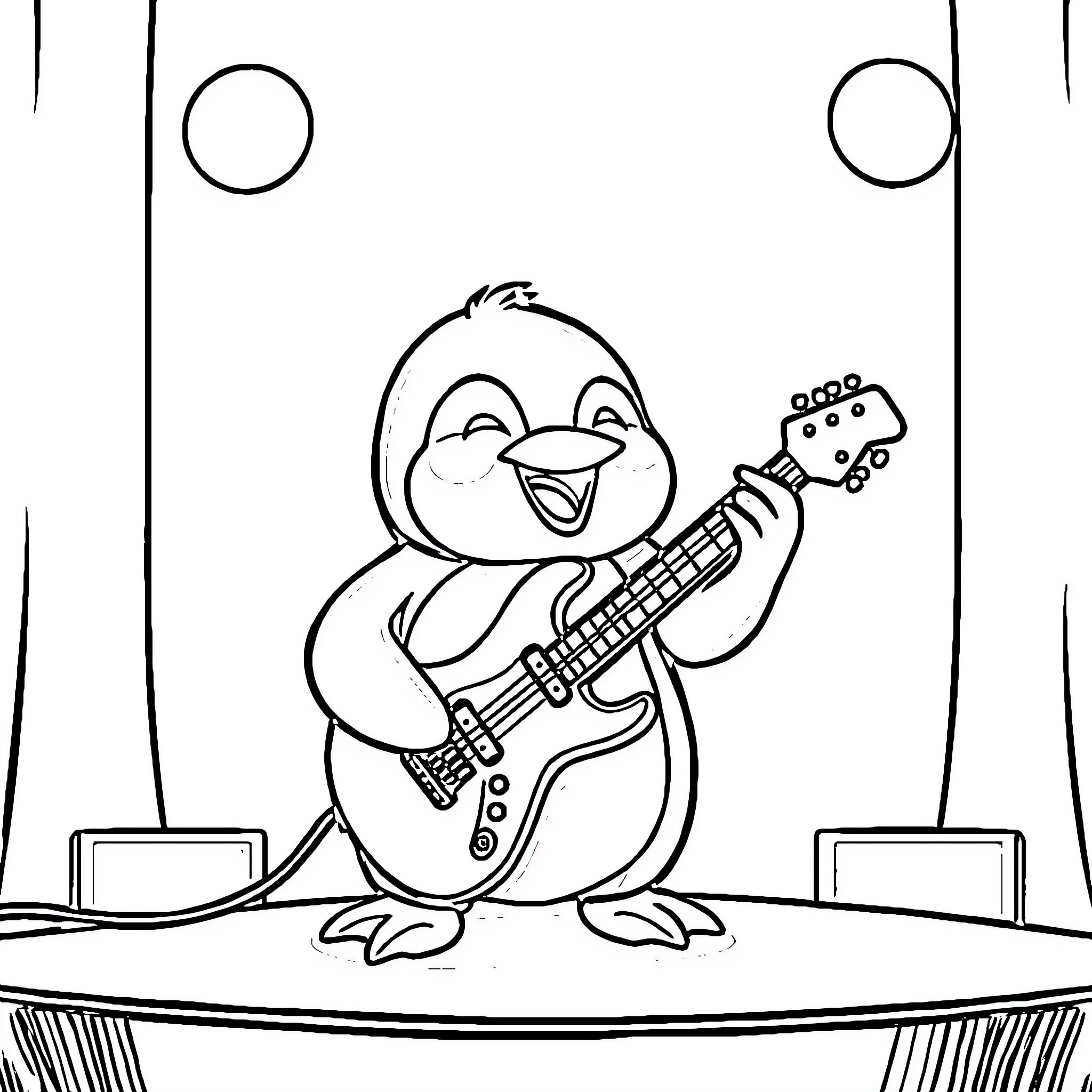 Badtz-Maru playing guitar on stage Coloring Page (free black-and-white line drawing printable PDF for all, from beginners to advanced learners, including children, teens, adults, and seniors)