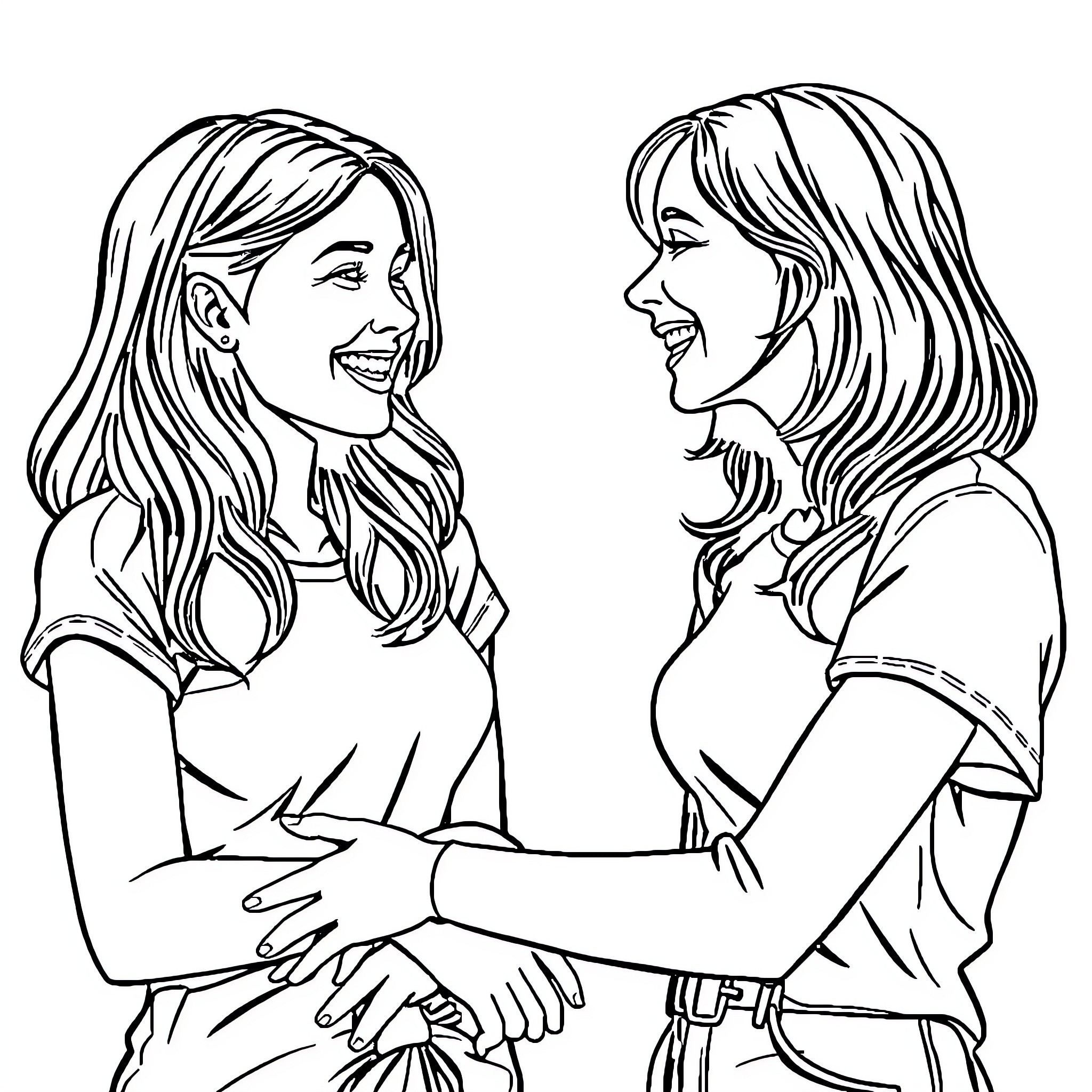 Girl friends happily greeting each other Coloring Page (free black-and-white line drawing printable PDF for all, from beginners to advanced learners, including children, teens, adults, and seniors)