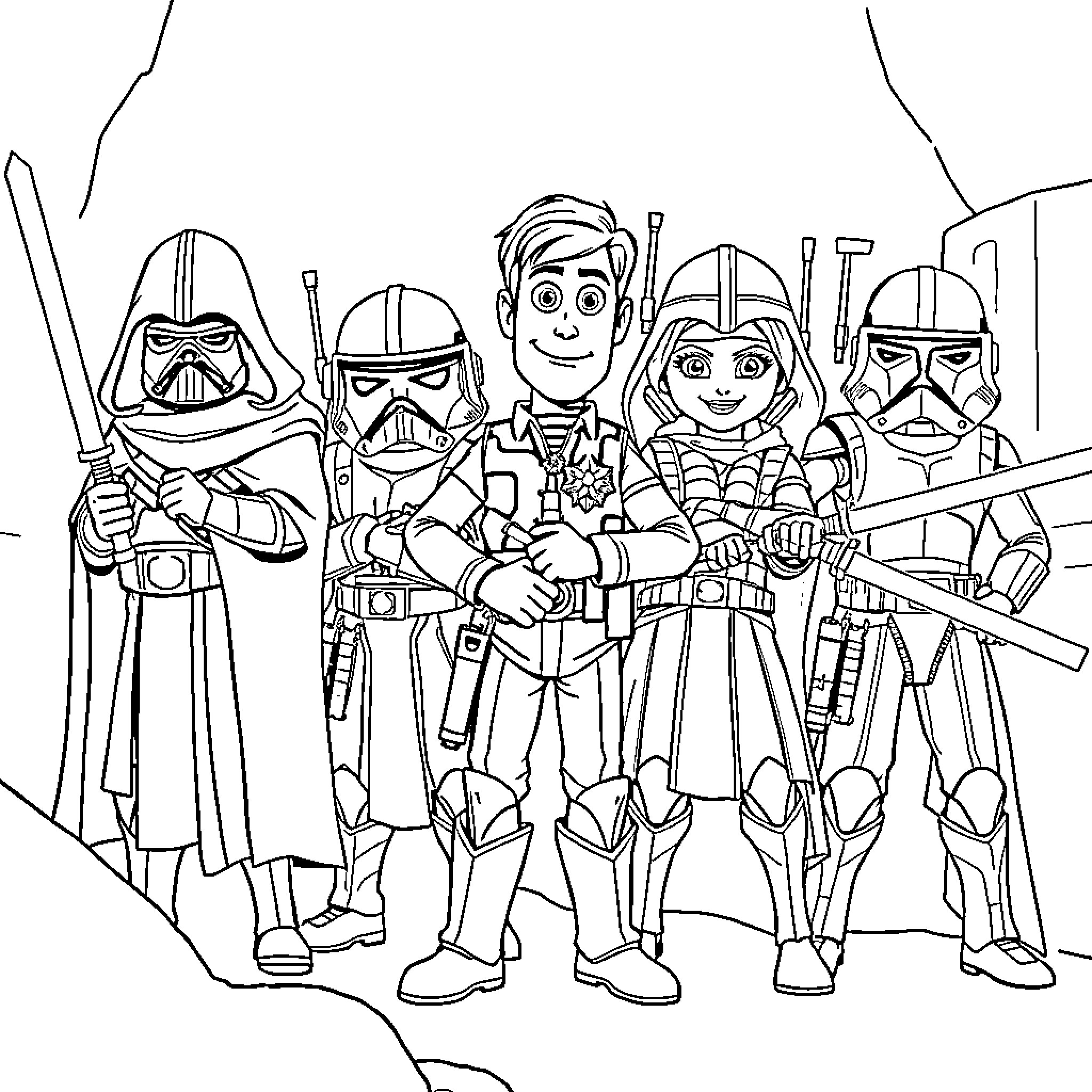 Sith Warriors and Soldiers in Battle Stance Coloring Page (free black-and-white line drawing printable PDF for all, from beginners to advanced learners, including children, teens, adults, and seniors)