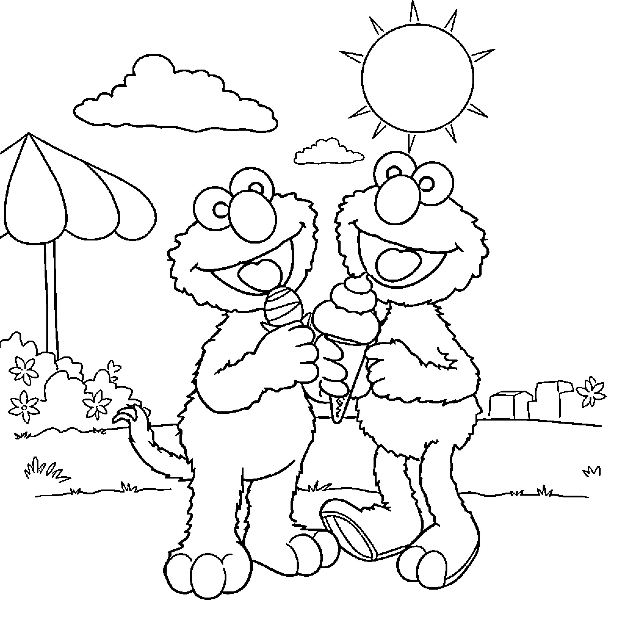 Elmo and friend enjoying a sunny day outdoors Coloring Page (free black-and-white line drawing printable PDF for all, from beginners to advanced learners, including children, teens, adults, and seniors)