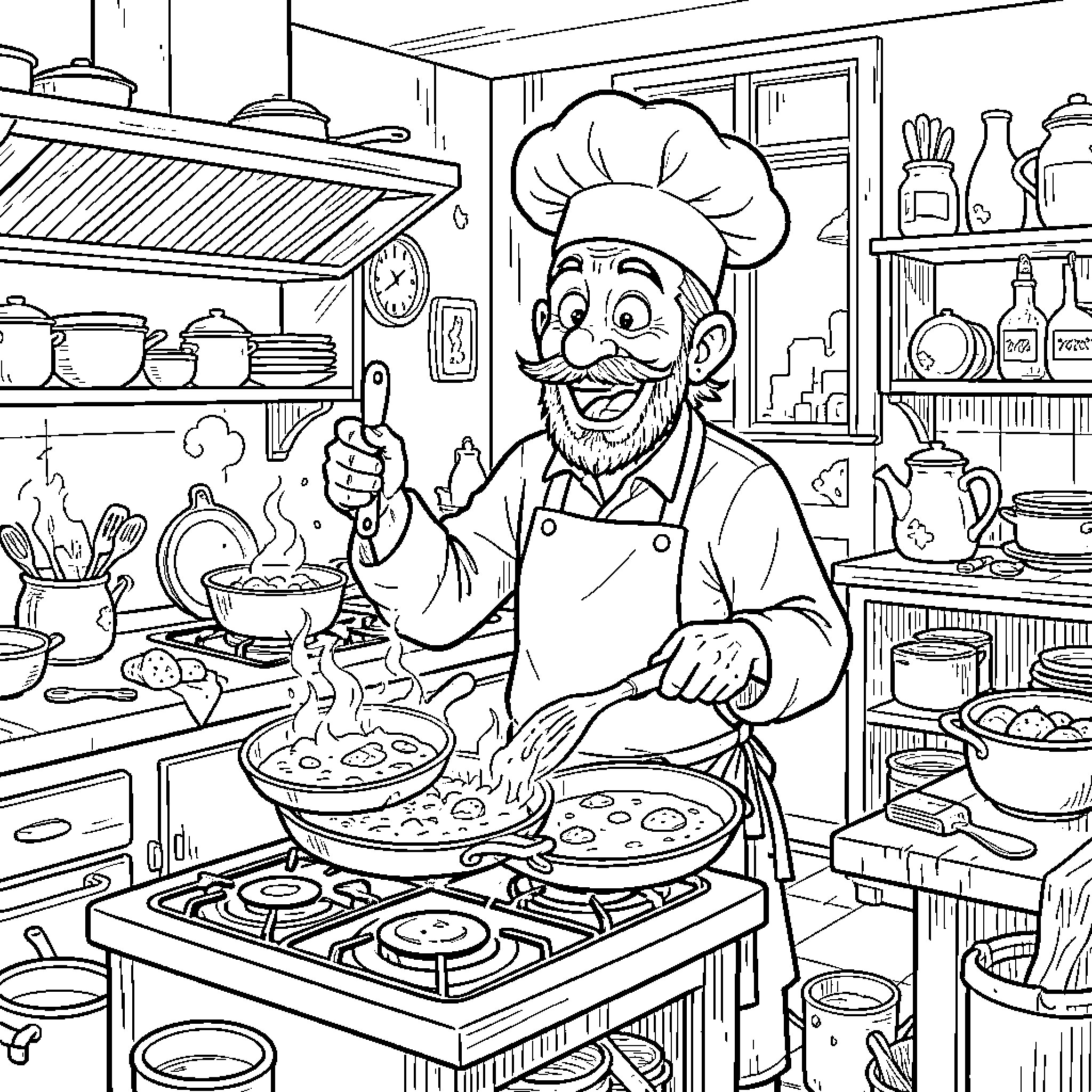 Cocinero preparing delectable dishes in the kitchen Coloring Page (free black-and-white line drawing printable PDF for all, from beginners to advanced learners, including children, teens, adults, and seniors)