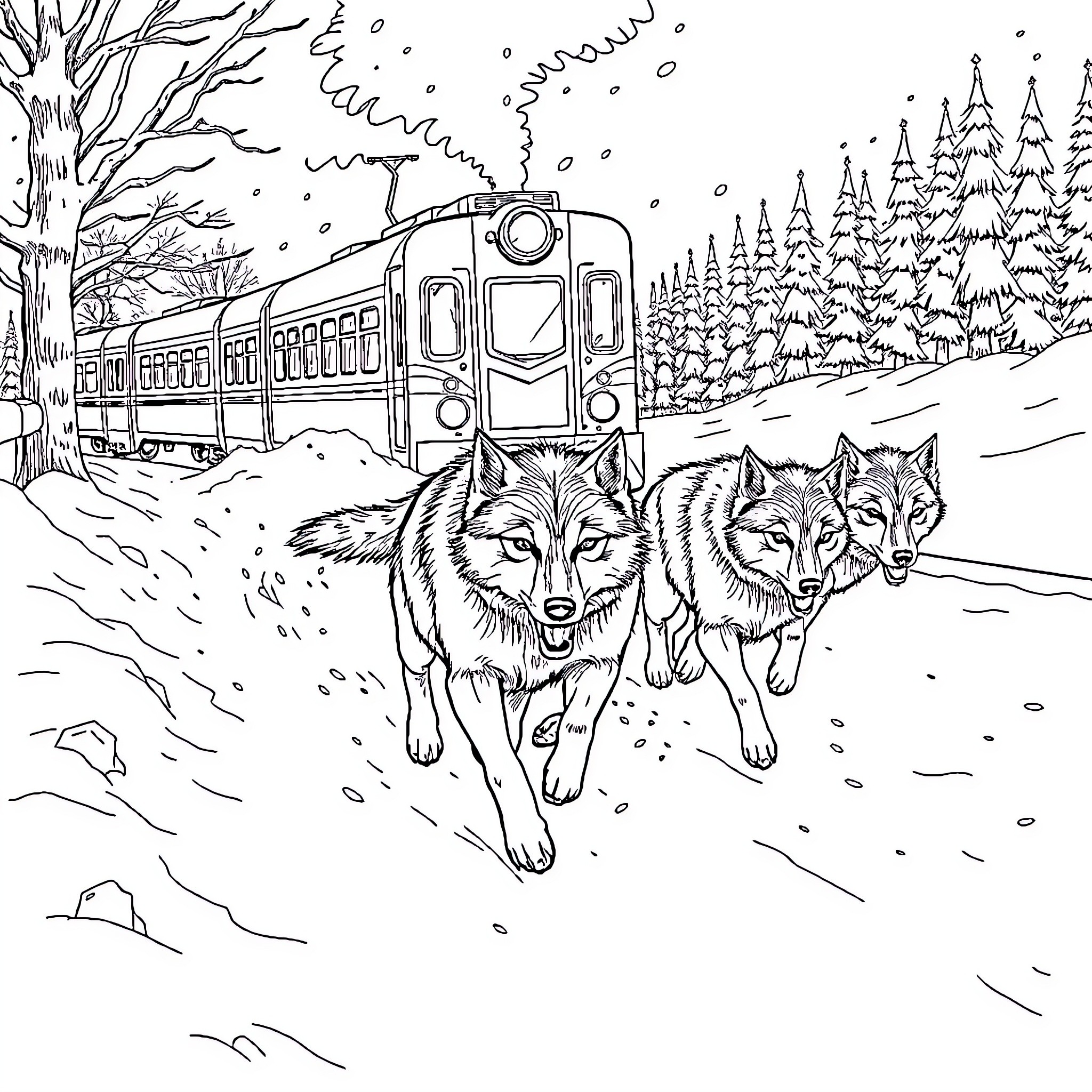 Wolf pack running along snowy railway track Coloring Page (free black-and-white line drawing printable PDF for all, from beginners to advanced learners, including children, teens, adults, and seniors)