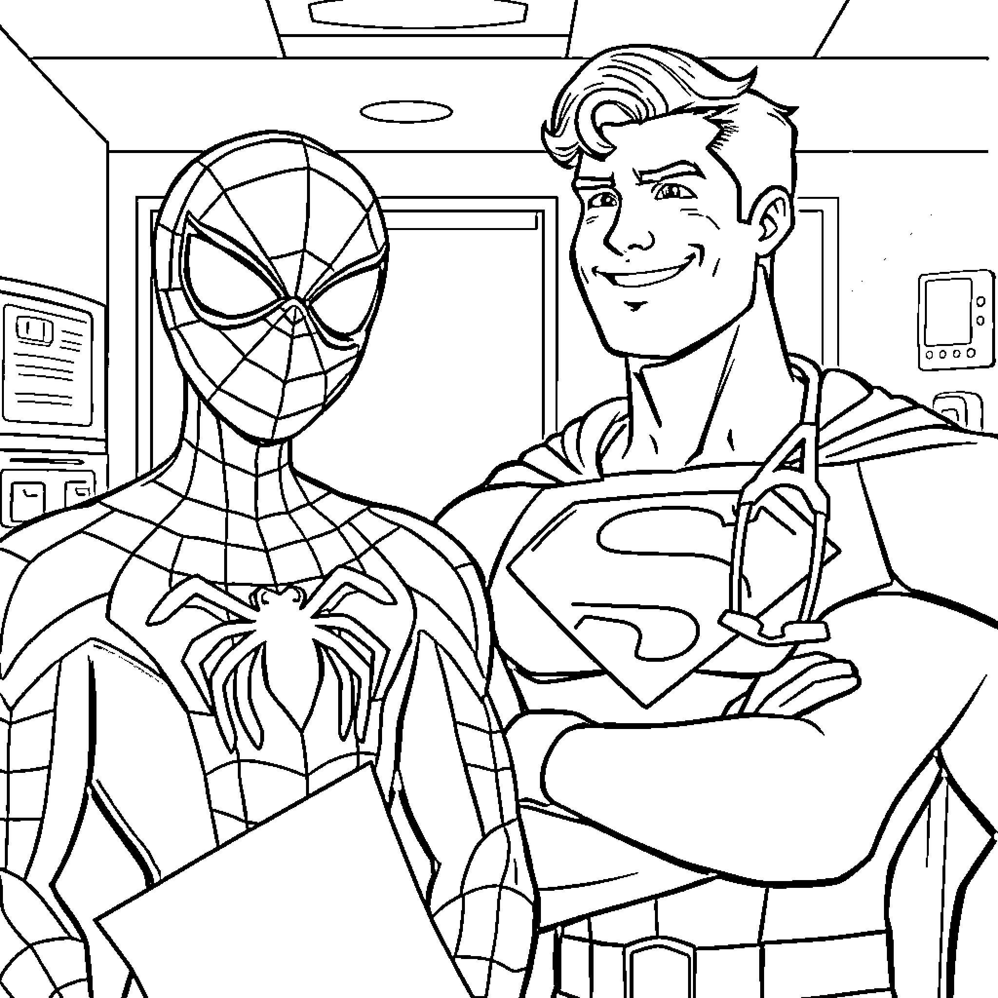 Superhero teammates in action-packed scene Coloring Page (free black-and-white line drawing printable PDF for all, from beginners to advanced learners, including children, teens, adults, and seniors)
