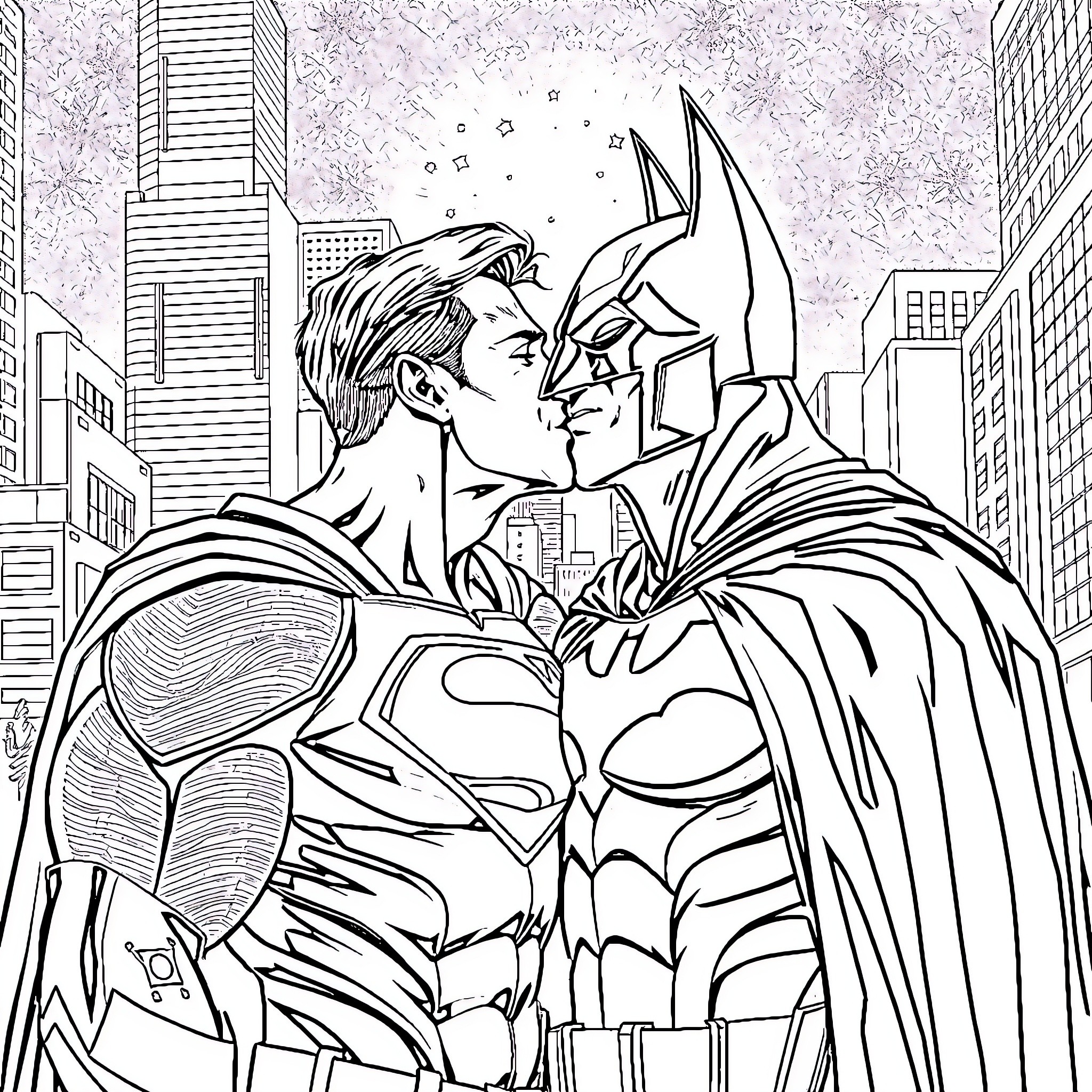 Superman and Batman embrace in the city Coloring Page (free black-and-white line drawing printable PDF for all, from beginners to advanced learners, including children, teens, adults, and seniors)