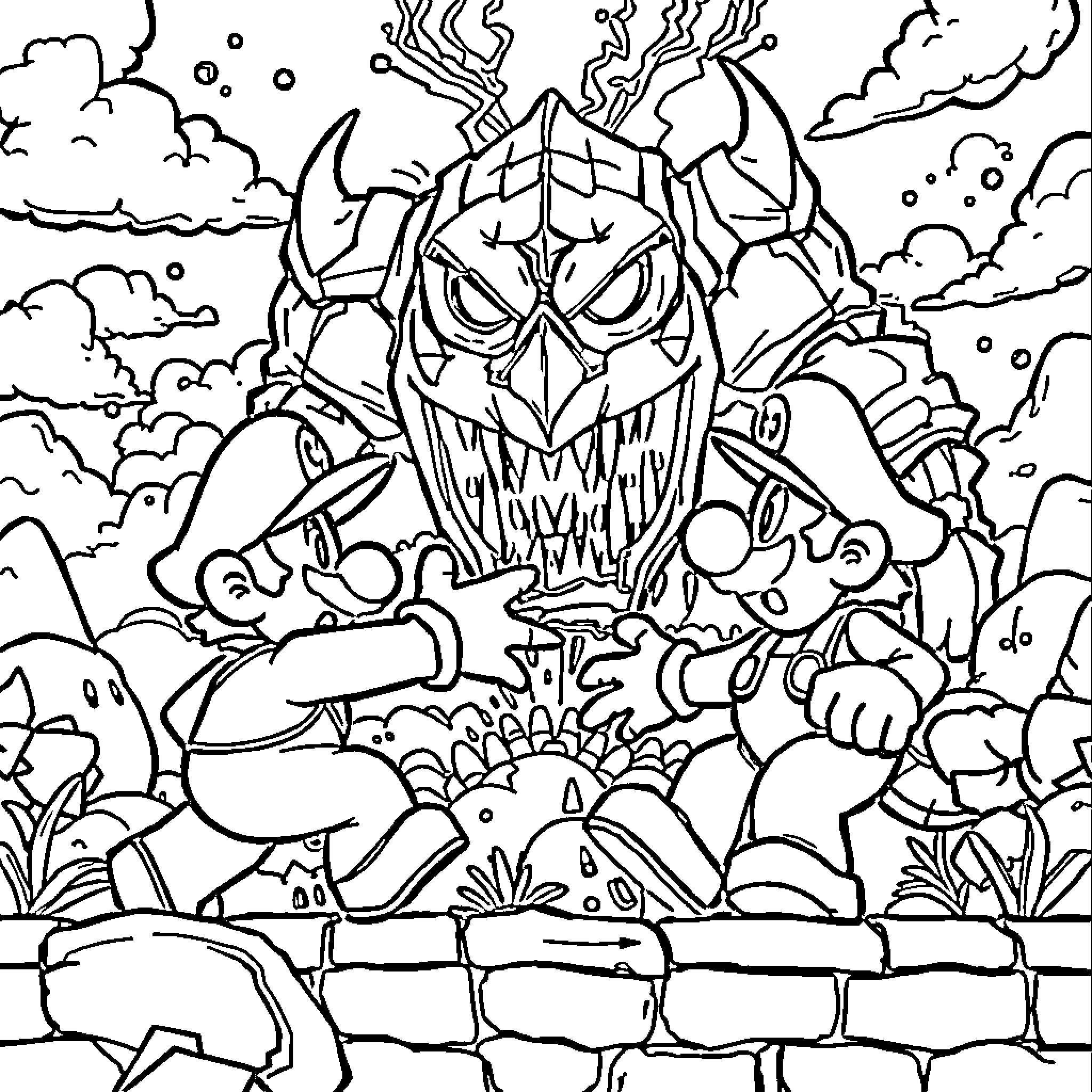 Super Mario Battling Monstrous Foe in Fantastical Landscape Coloring Page (free black-and-white line drawing printable PDF for all, from beginners to advanced learners, including children, teens, adults, and seniors)
