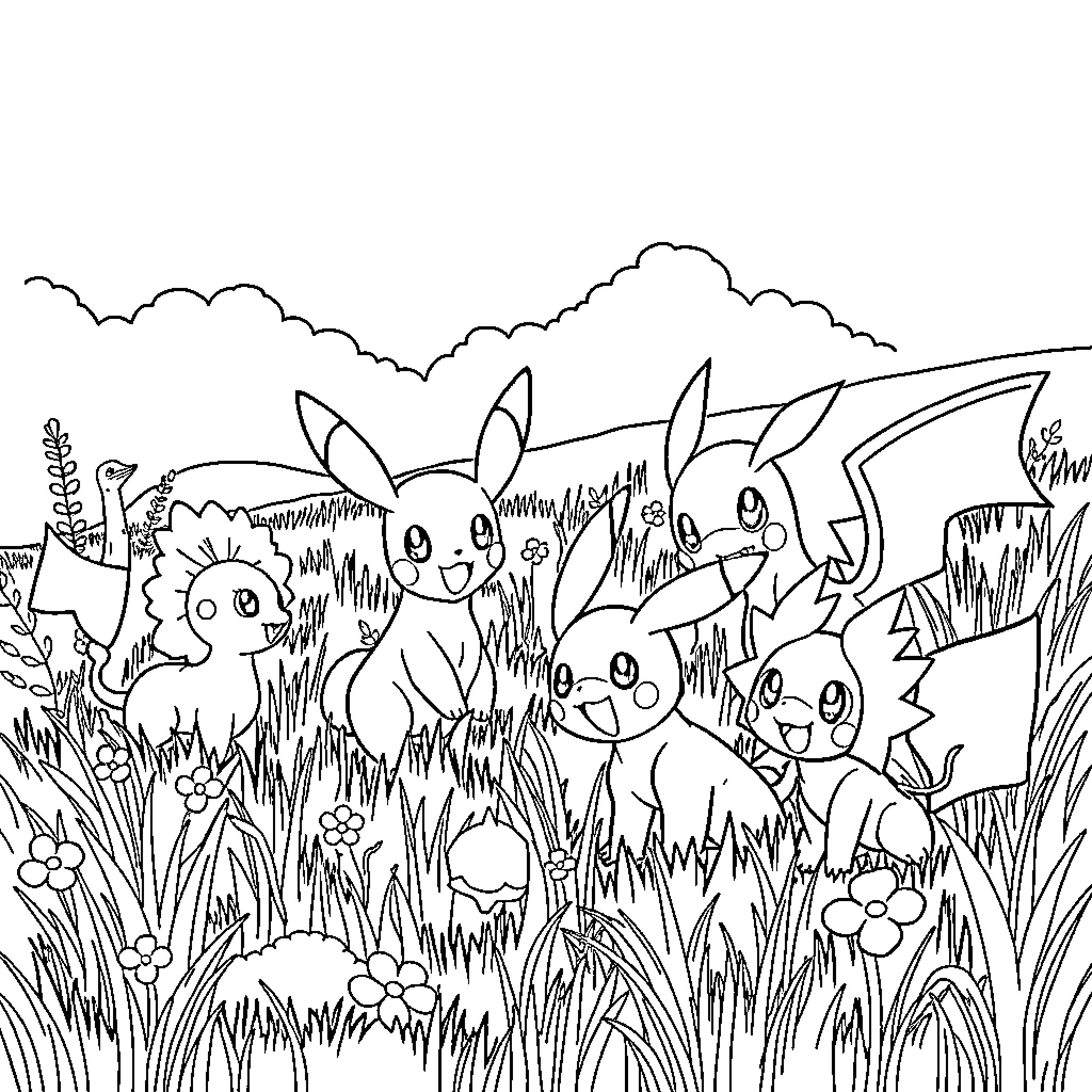 Pokémon enjoying a lively outdoor scene Coloring Page (free black-and-white line drawing printable PDF for all, from beginners to advanced learners, including children, teens, adults, and seniors)