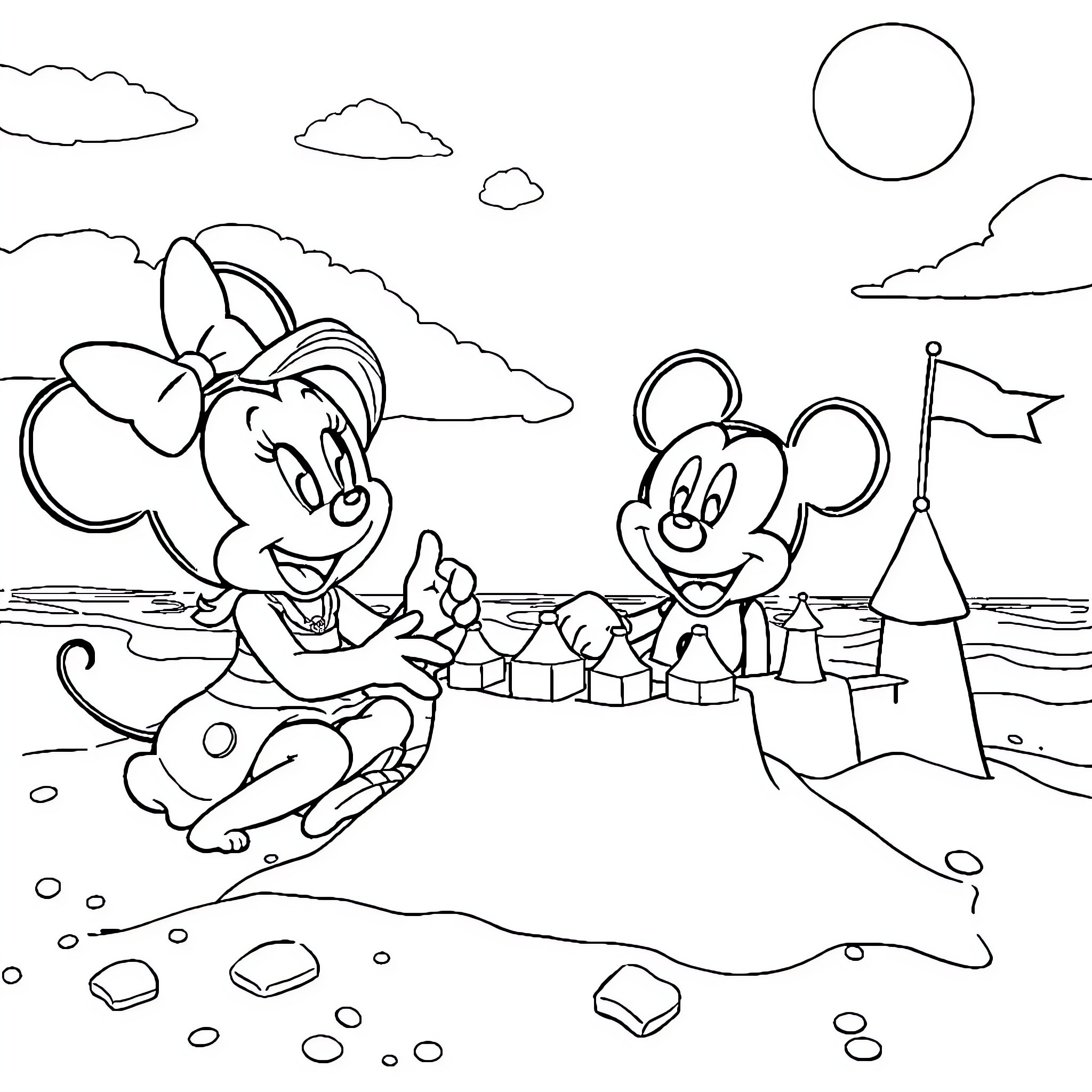 Gabby's Fun Day at the Beach with Mickey Coloring Page (free black-and-white line drawing printable PDF for all, from beginners to advanced learners, including children, teens, adults, and seniors)