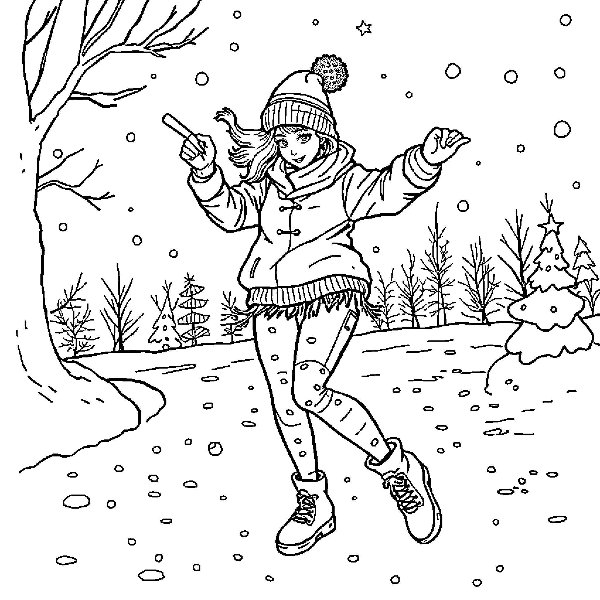 Danseuse joyeuse dans la neige Coloring Page (free black-and-white line drawing printable PDF for all, from beginners to advanced learners, including children, teens, adults, and seniors)