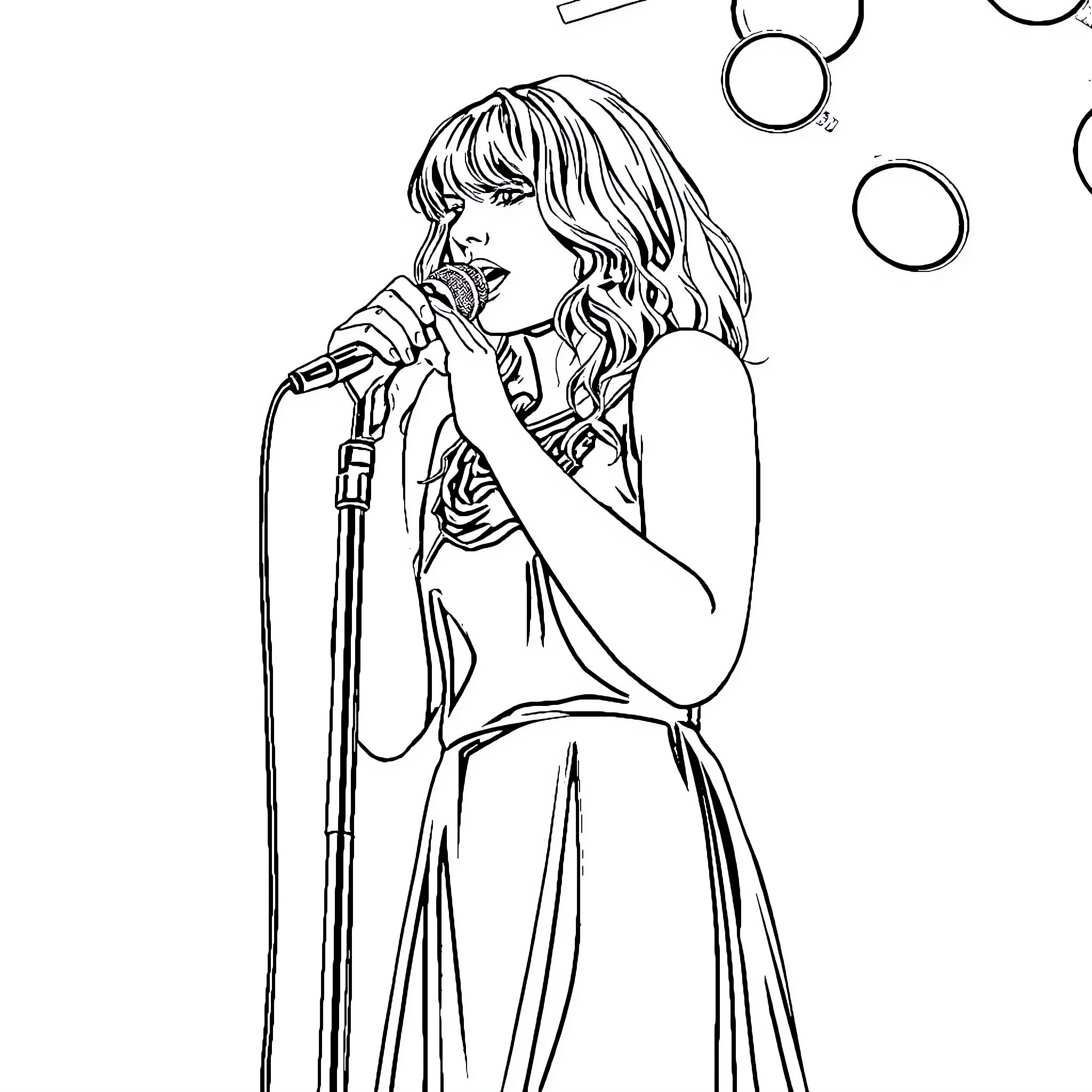 Taylor Swift performing on stage with a microphone Coloring Page (free black-and-white line drawing printable PDF for all, from beginners to advanced learners, including children, teens, adults, and seniors)