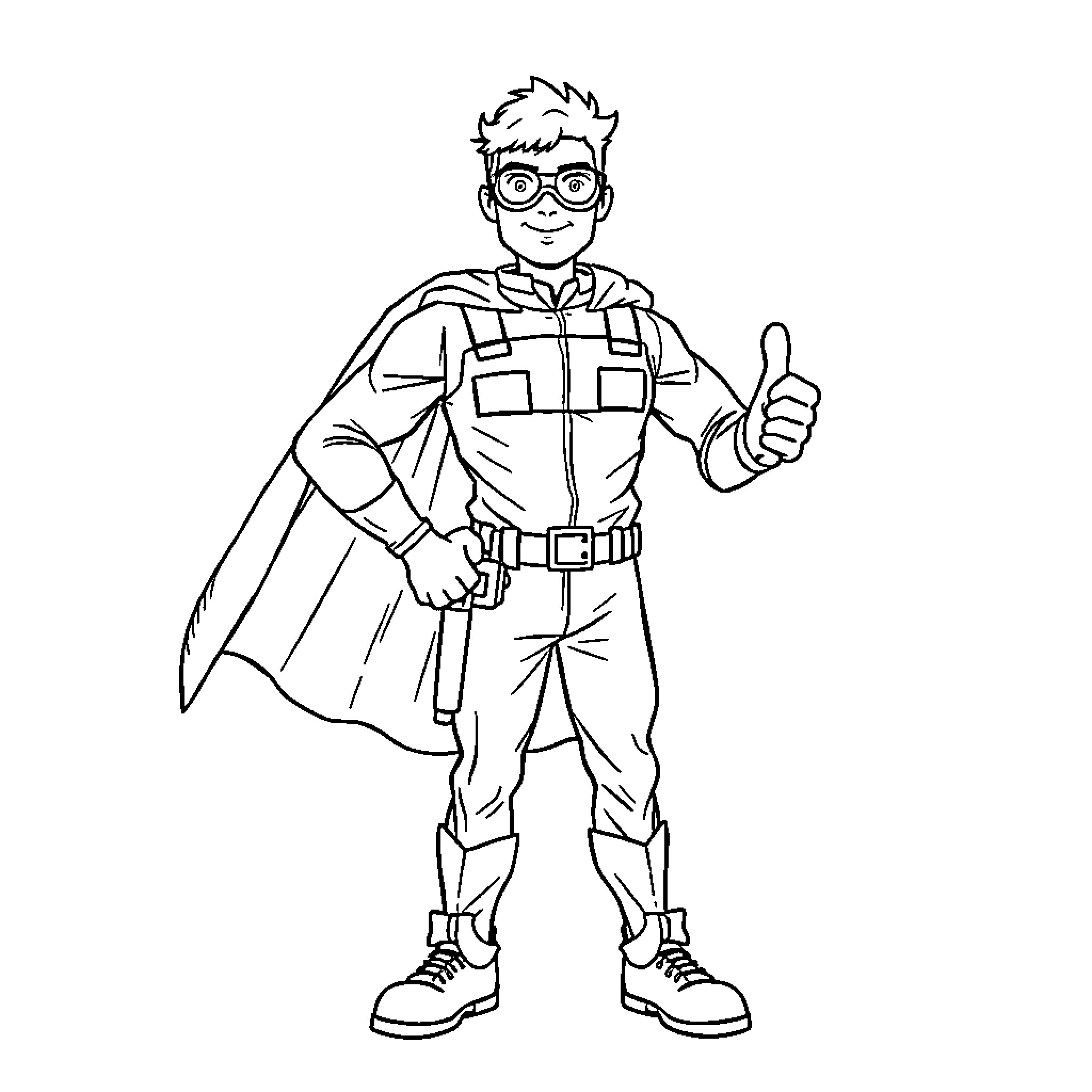 Custodian superhero giving a thumbs up Coloring Page (free black-and-white line drawing printable PDF for all, from beginners to advanced learners, including children, teens, adults, and seniors)