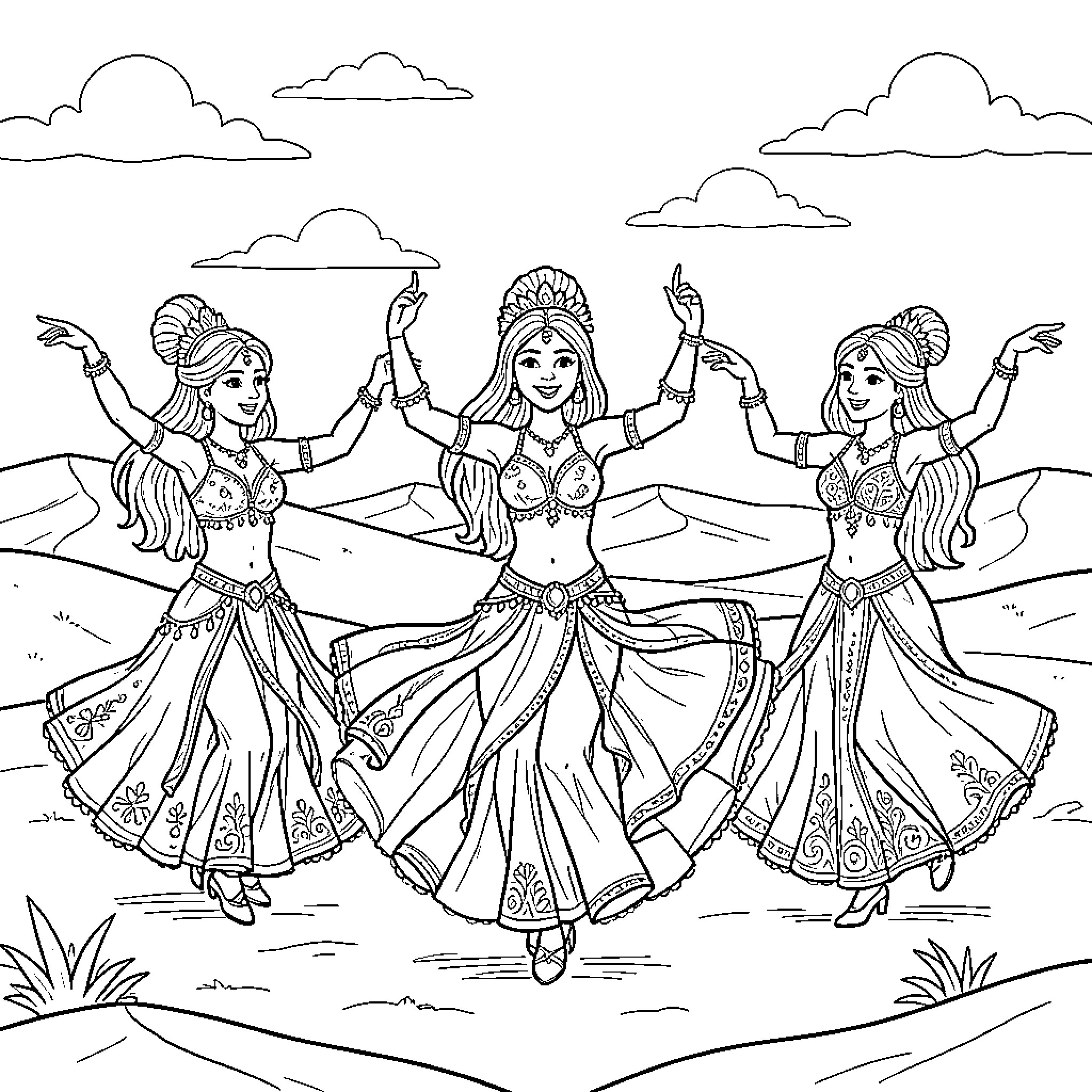 Bellydancers performing a traditional dance routine Coloring Page (free black-and-white line drawing printable PDF for all, from beginners to advanced learners, including children, teens, adults, and seniors)