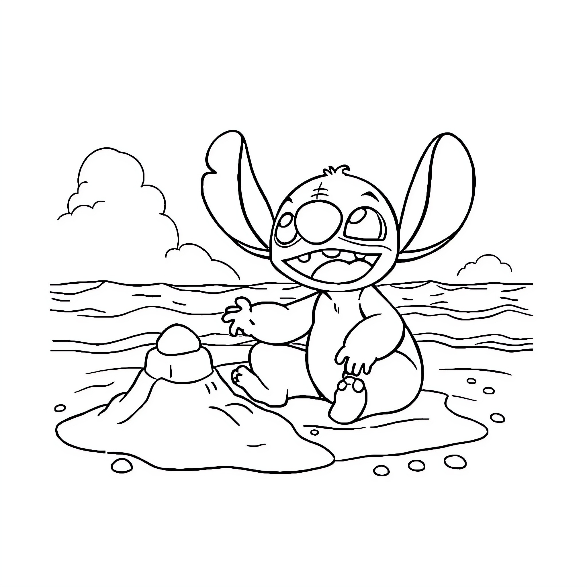Stitch playing joyfully on the beach Coloring Page (free black-and-white line drawing printable PDF for all, from beginners to advanced learners, including children, teens, adults, and seniors)