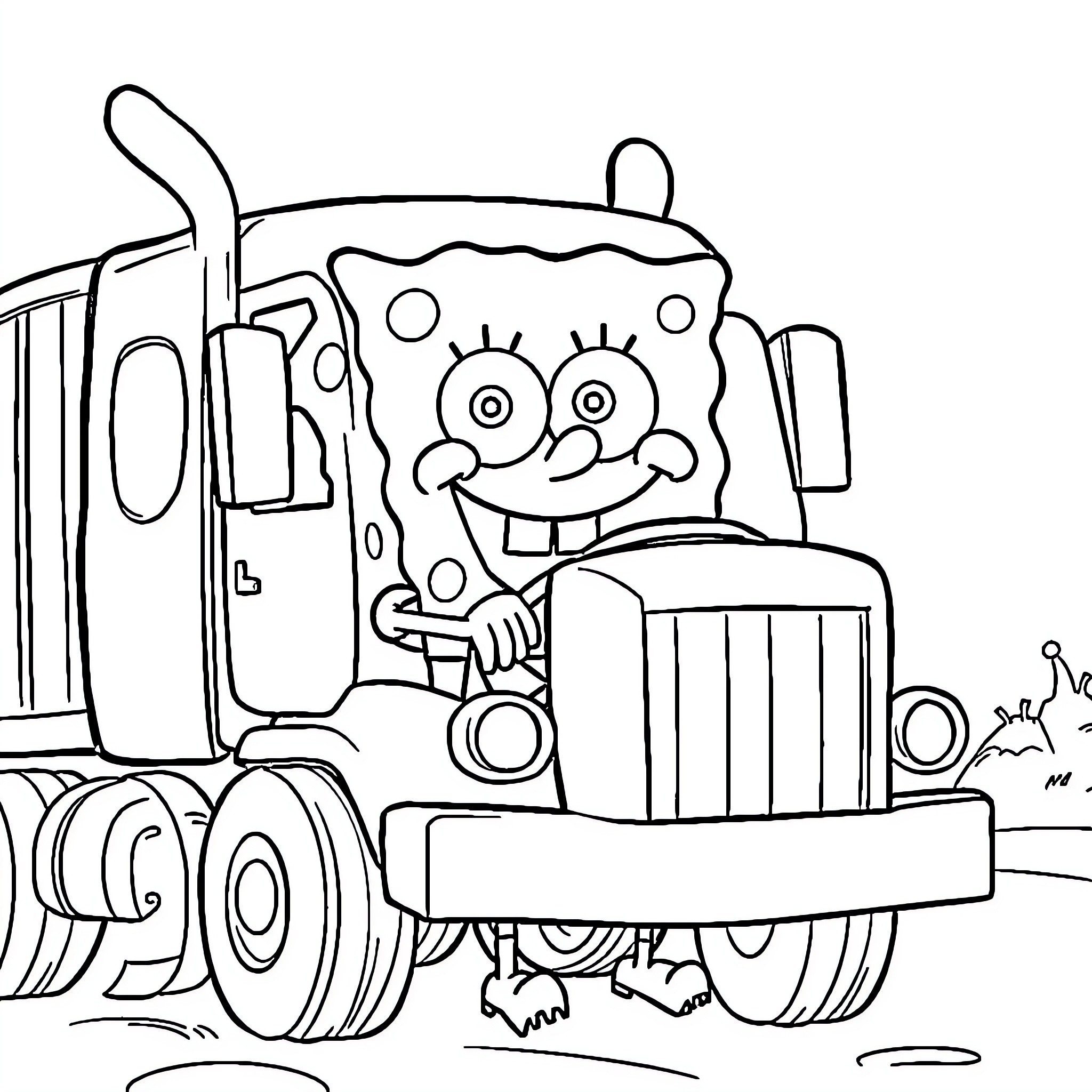 Spongebob driving a big truck happily Coloring Page (free black-and-white line drawing printable PDF for all, from beginners to advanced learners, including children, teens, adults, and seniors)