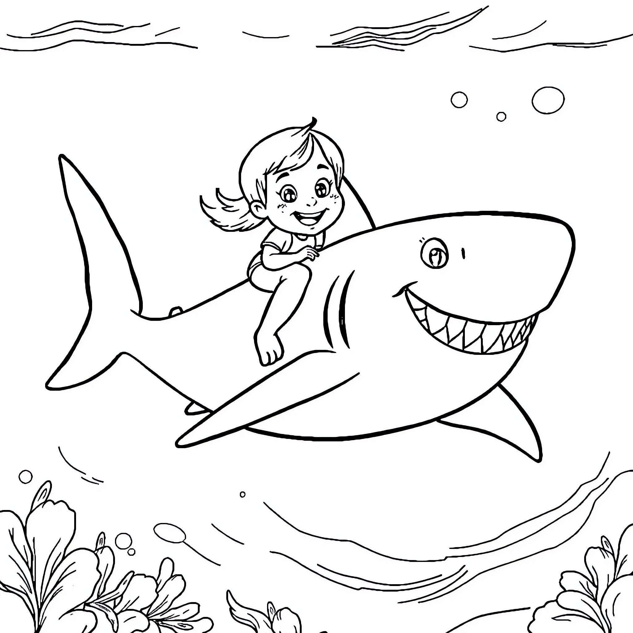 Gaby's Underwater Adventure with Friendly Shark Coloring Page (free black-and-white line drawing printable PDF for all, from beginners to advanced learners, including children, teens, adults, and seniors)
