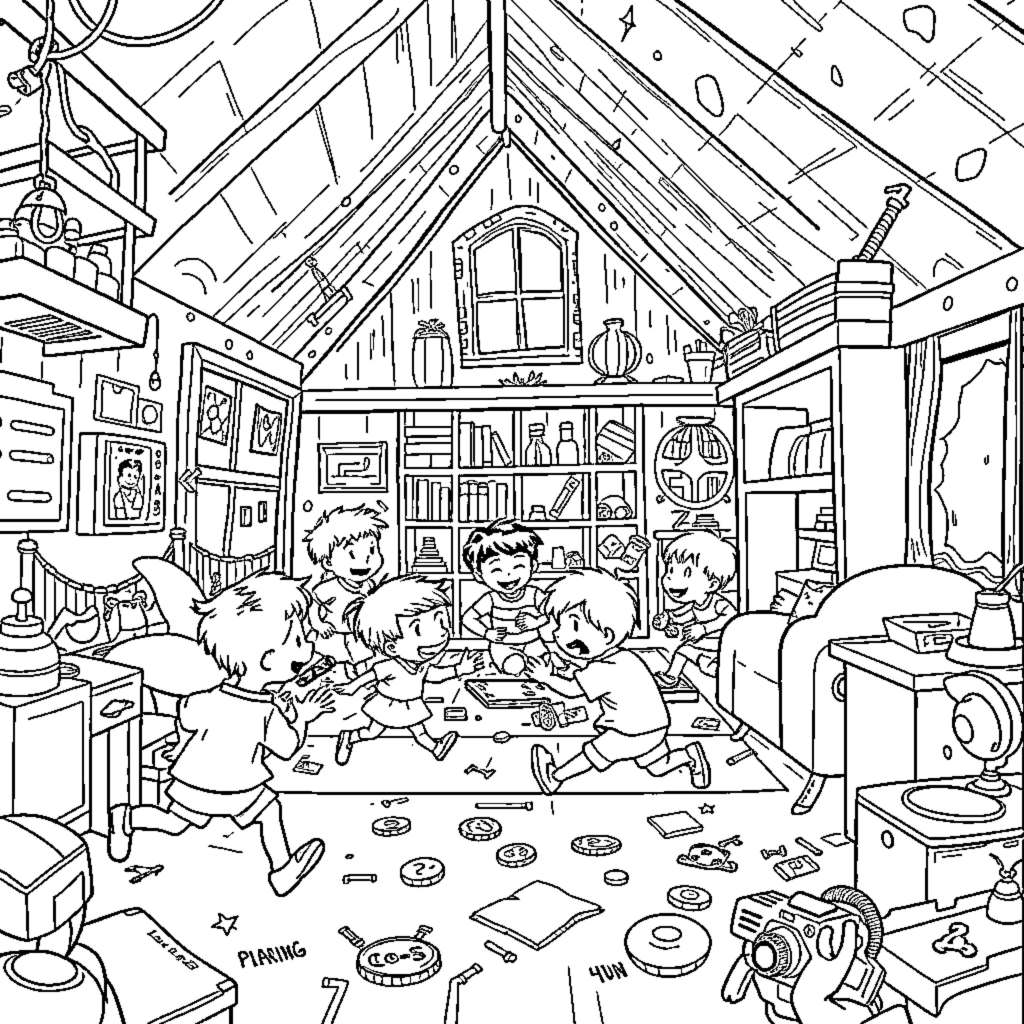 Loud House Chaos: Children Playing in a Cluttered Room Coloring Page (free black-and-white line drawing printable PDF for all, from beginners to advanced learners, including children, teens, adults, and seniors)