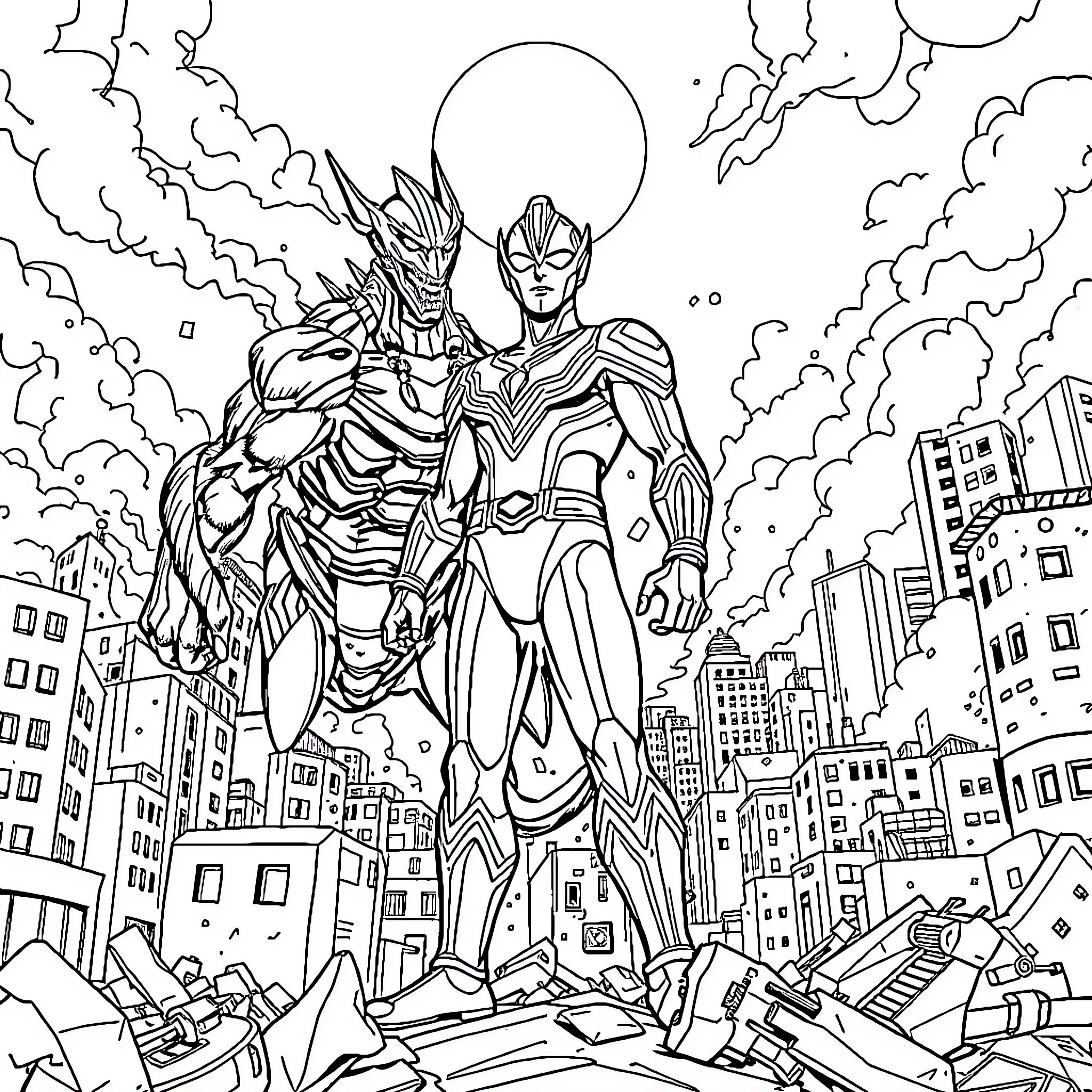 Ultraman heroes battling in a city Coloring Page (free black-and-white line drawing printable PDF for all, from beginners to advanced learners, including children, teens, adults, and seniors)