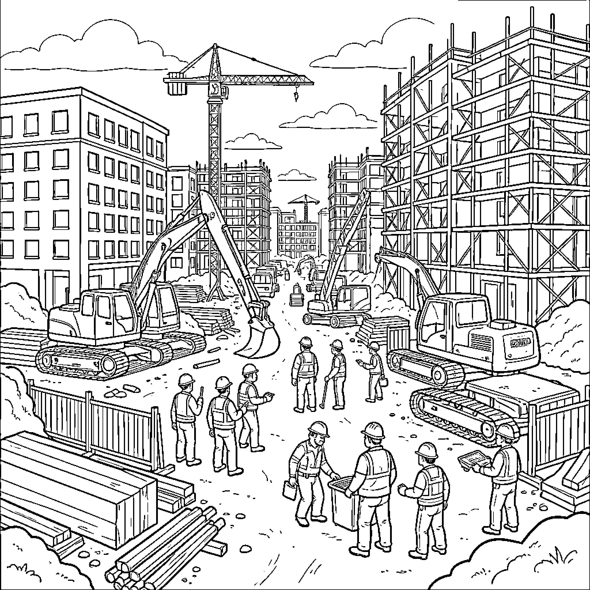 Building Site with Construction Machinery and Workers Coloring Page (free black-and-white line drawing printable PDF for all, from beginners to advanced learners, including children, teens, adults, and seniors)