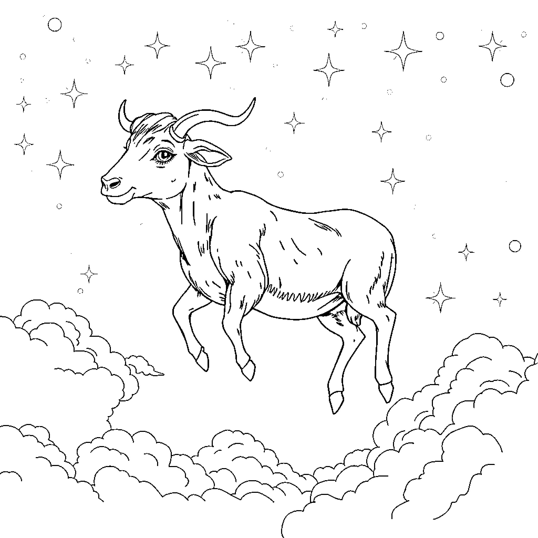 Vaca jumping amidst the starry sky Coloring Page (free black-and-white line drawing printable PDF for all, from beginners to advanced learners, including children, teens, adults, and seniors)