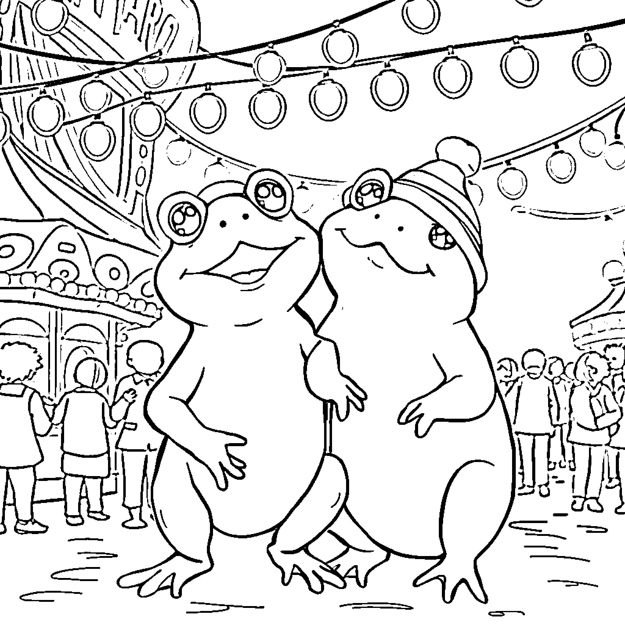 Frogs dancing happily at the carnival Coloring Page (free black-and-white line drawing printable PDF for all, from beginners to advanced learners, including children, teens, adults, and seniors)