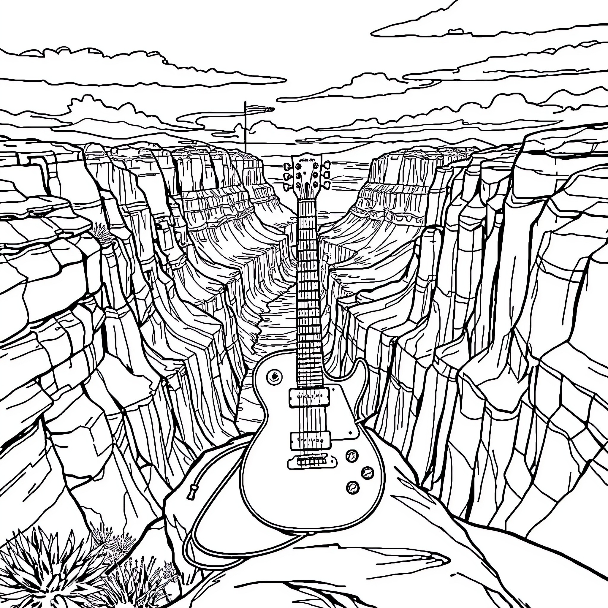 Guitar in the Rugged Landscape Coloring Page (free black-and-white line drawing printable PDF for all, from beginners to advanced learners, including children, teens, adults, and seniors)