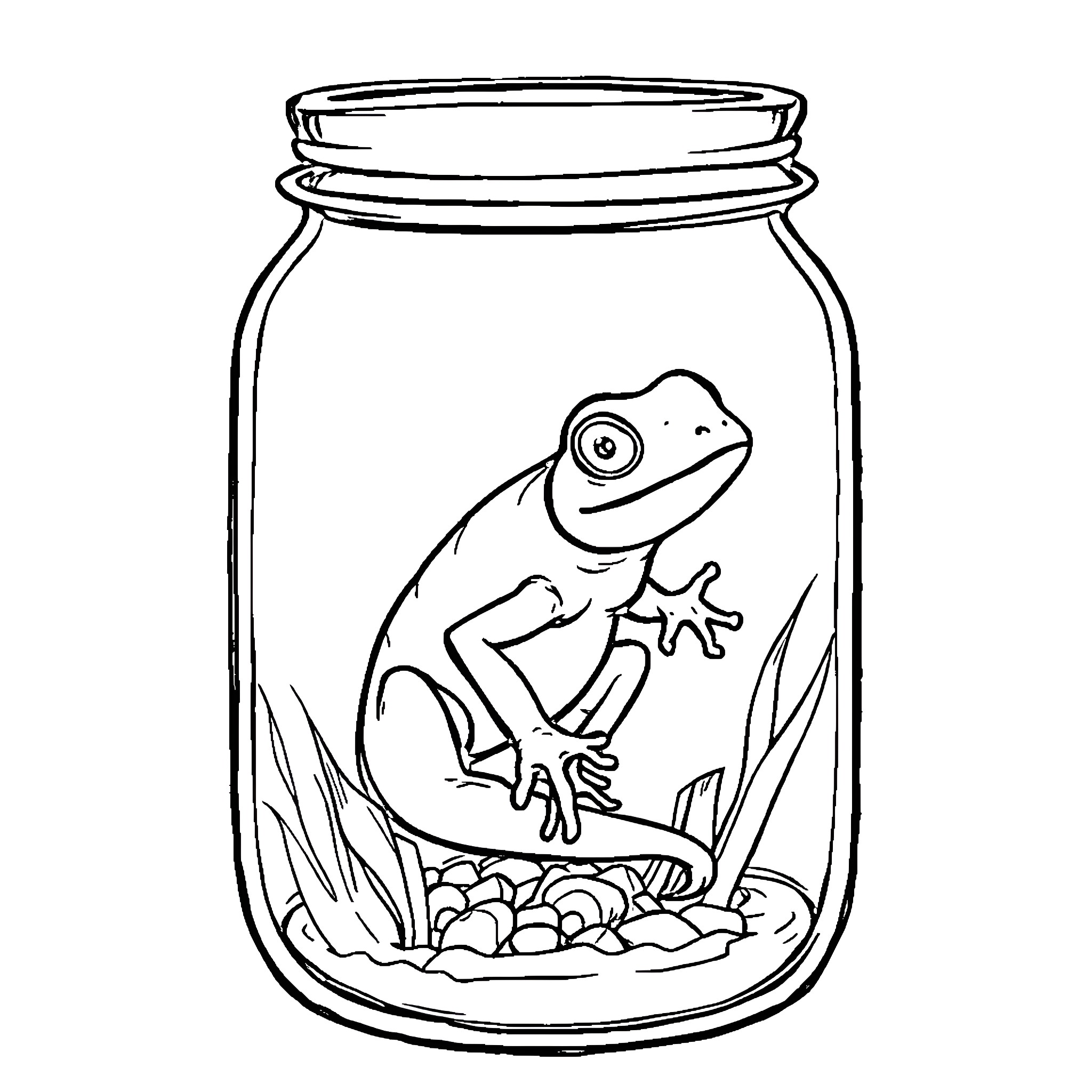 Lizard trapped in glass jar Coloring Page (free black-and-white line drawing printable PDF for all, from beginners to advanced learners, including children, teens, adults, and seniors)