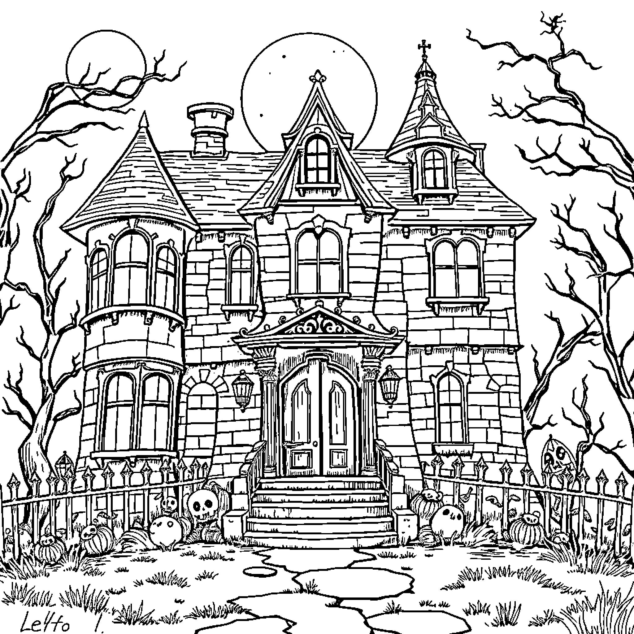Mansion with Haunting Atmosphere and Spooky Decorations Coloring Page (free black-and-white line drawing printable PDF for all, from beginners to advanced learners, including children, teens, adults, and seniors)