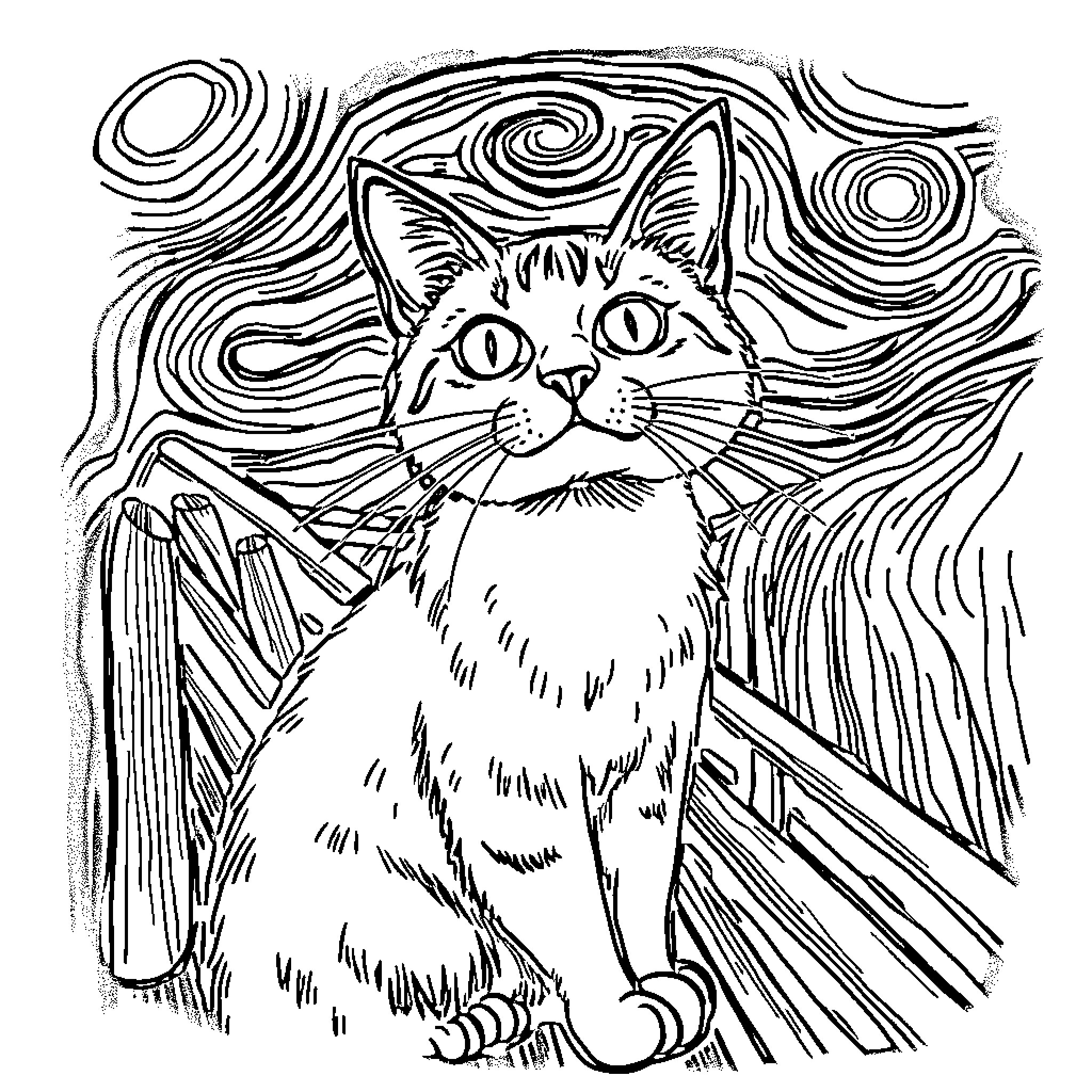 Cat in abstract artistic environment Coloring Page (free black-and-white line drawing printable PDF for all, from beginners to advanced learners, including children, teens, adults, and seniors)