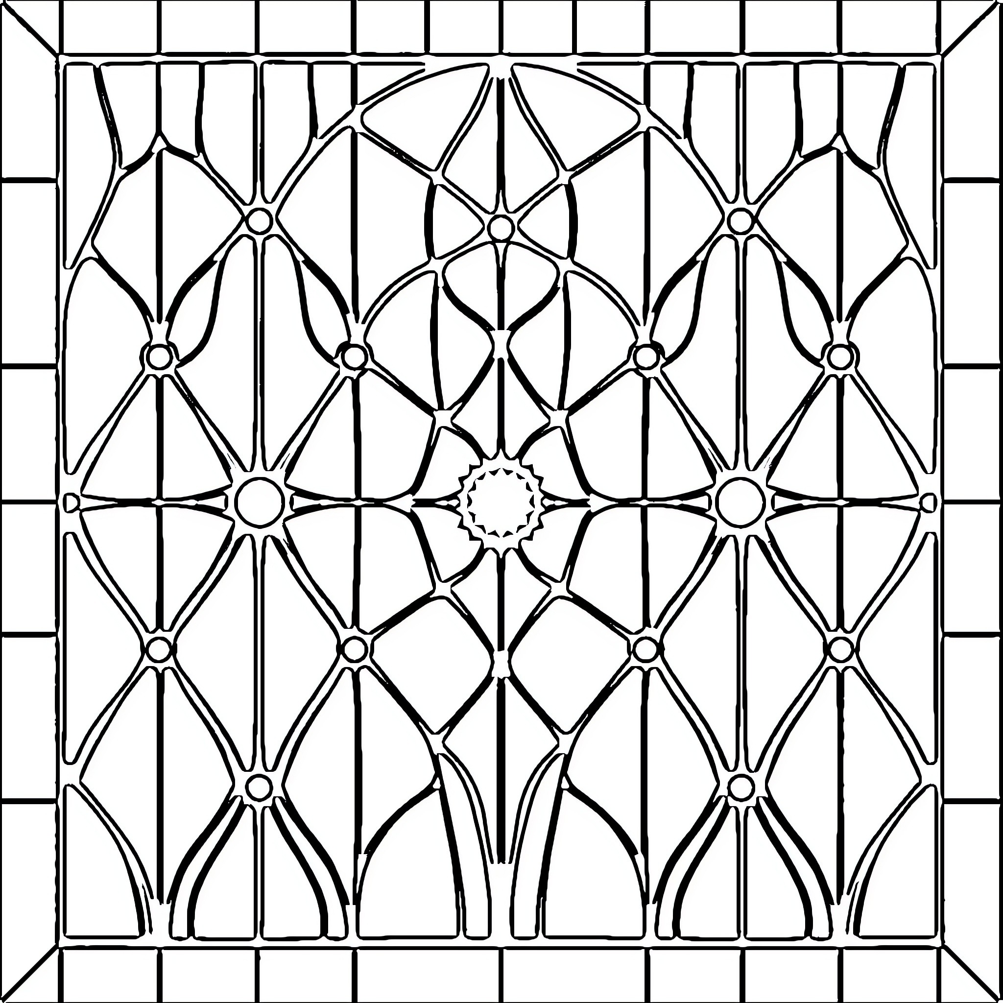 Stain Glass Ornate Architectural Pattern Coloring Page (free black-and-white line drawing printable PDF for all, from beginners to advanced learners, including children, teens, adults, and seniors)