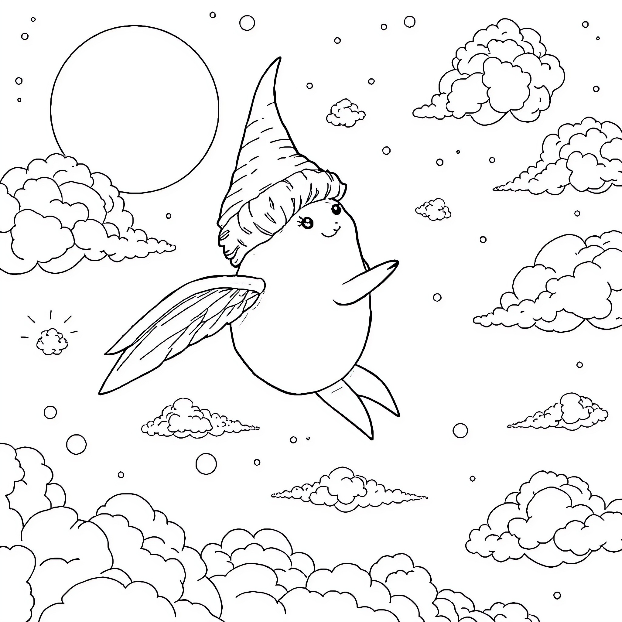 Smurf Soaring Through Whimsical Clouds Coloring Page (free black-and-white line drawing printable PDF for all, from beginners to advanced learners, including children, teens, adults, and seniors)