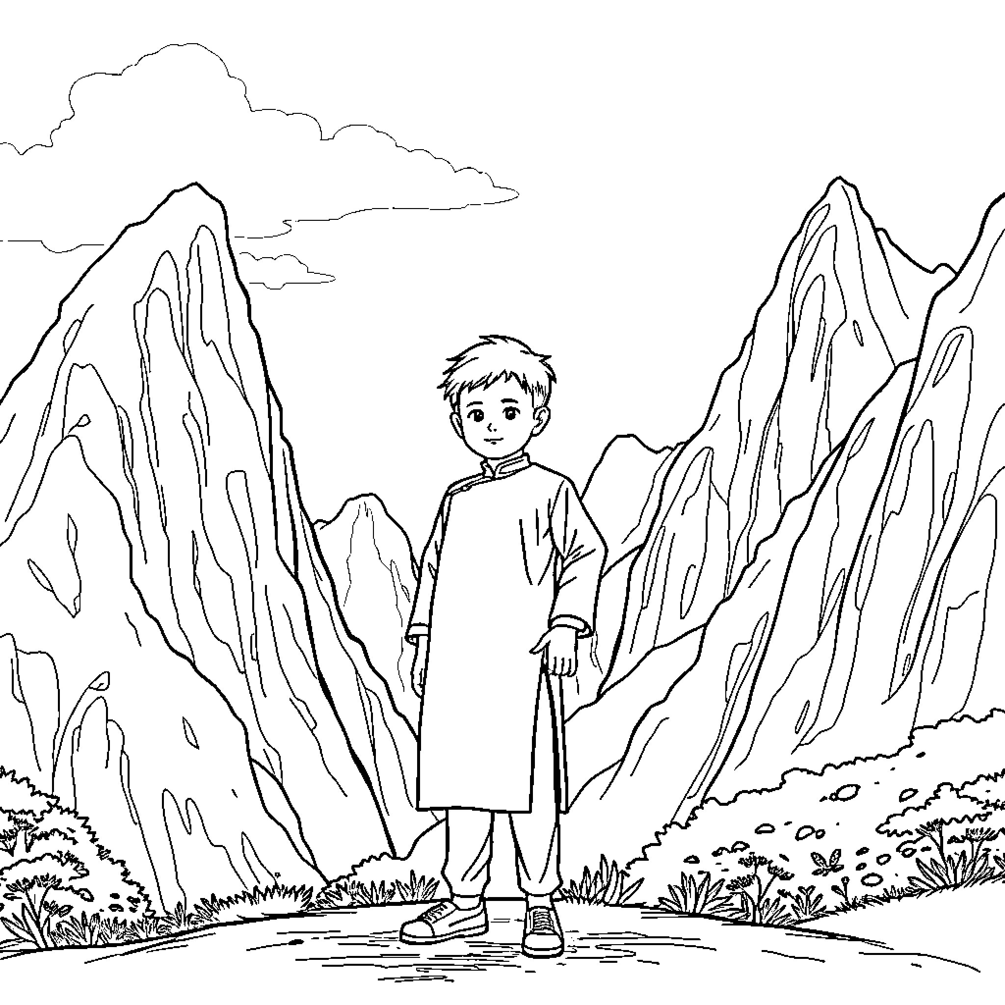Boy standing amidst scenic mountain landscape Coloring Page (free black-and-white line drawing printable PDF for all, from beginners to advanced learners, including children, teens, adults, and seniors)