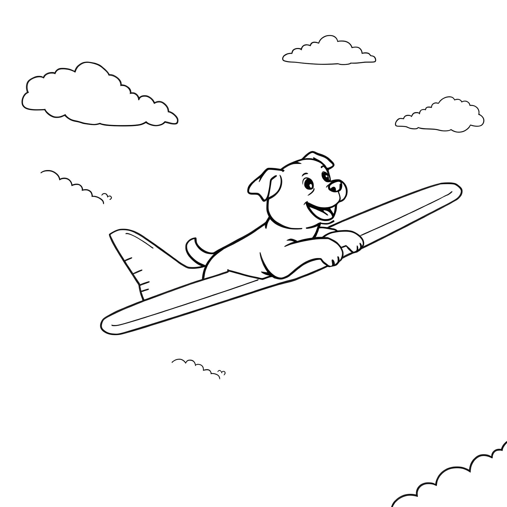 Dog surfing happily on a surfboard Coloring Page (free black-and-white line drawing printable PDF for all, from beginners to advanced learners, including children, teens, adults, and seniors)