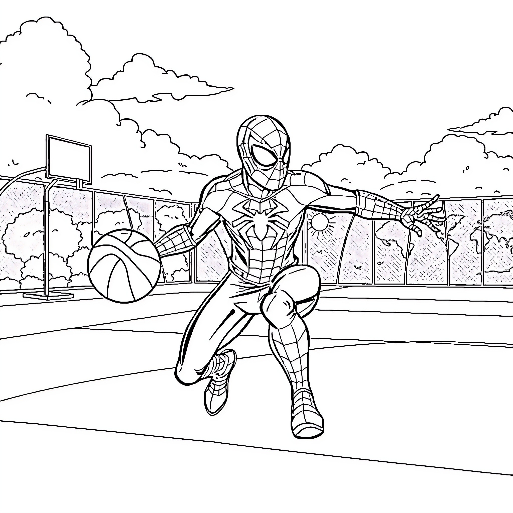 Spider-Man playing basketball on the court Coloring Page (free black-and-white line drawing printable PDF for all, from beginners to advanced learners, including children, teens, adults, and seniors)