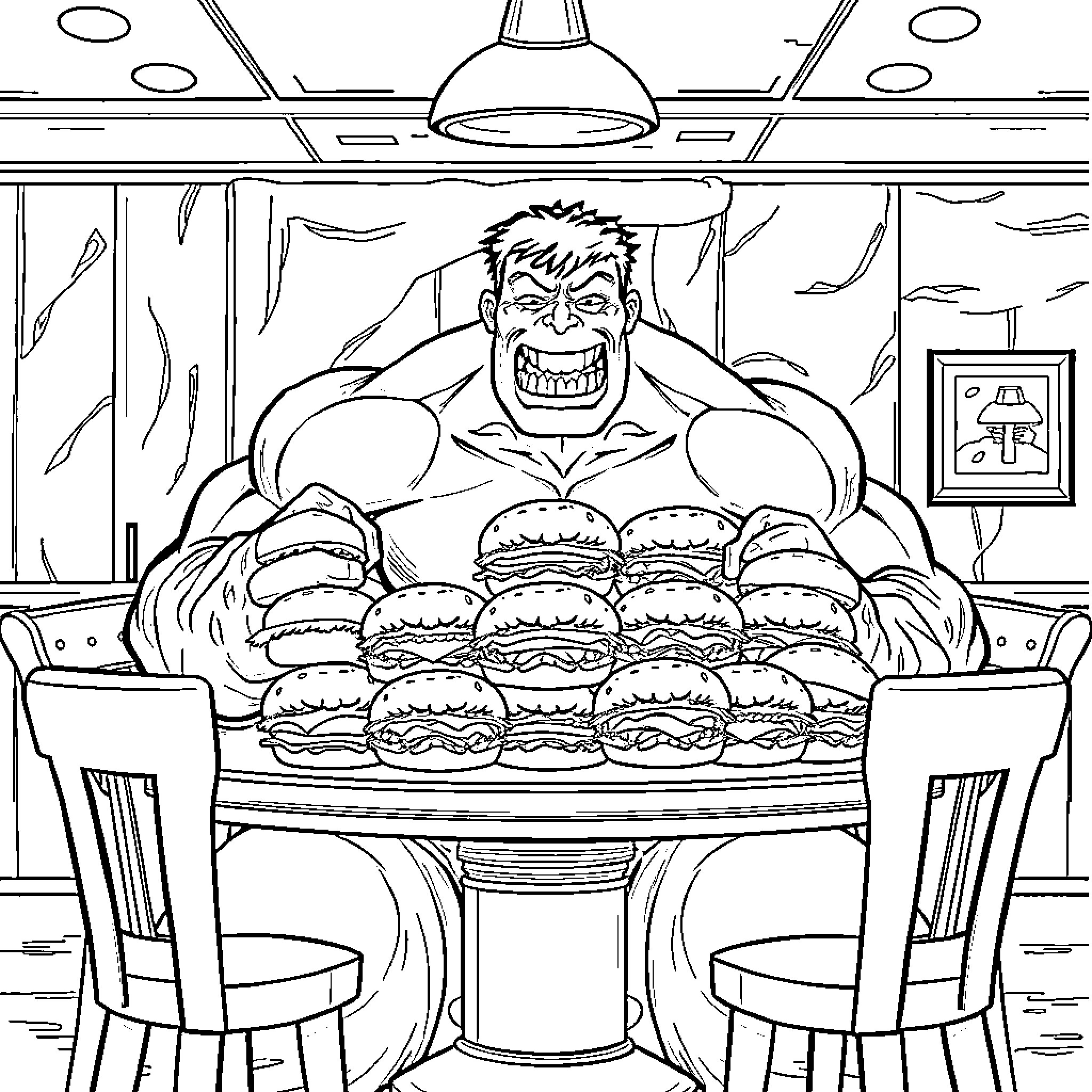 Hulk Devouring a Stack of Burgers Coloring Page (free black-and-white line drawing printable PDF for all, from beginners to advanced learners, including children, teens, adults, and seniors)